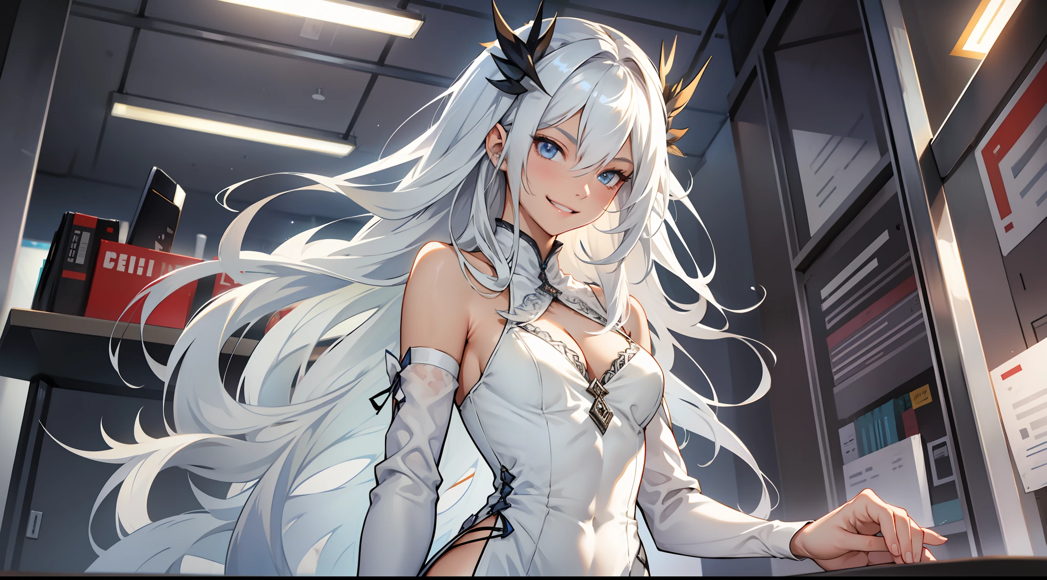 A girl with long silver hair, pronounced cleavage, white gauze dress, delicate face, perfect body proportions, thin waist, slender legs, milky skin, smiling, office hours