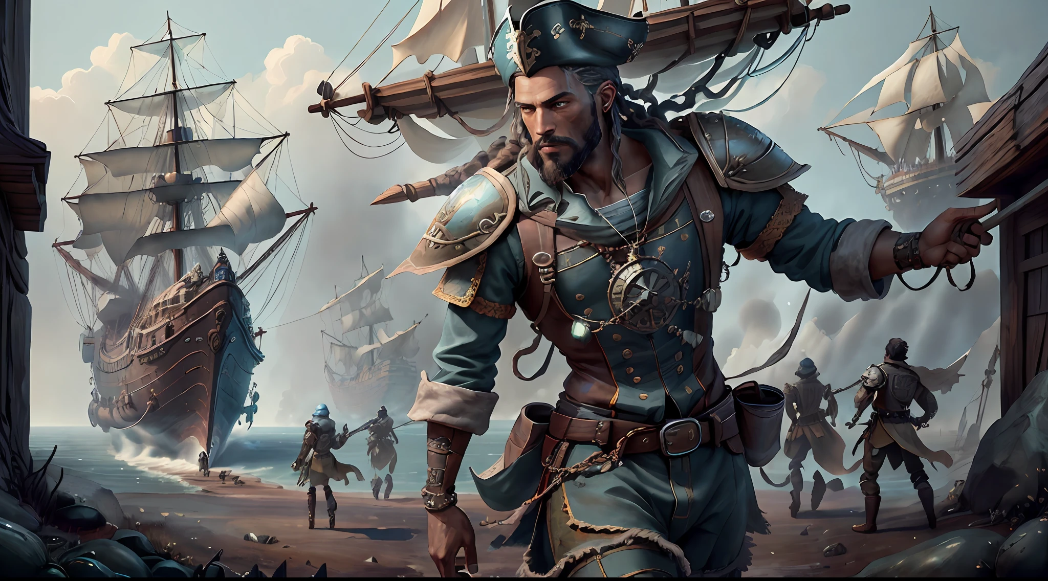 (((multi-person interaction, with men and women))), (highly detailed RAW color photos, ridiculous resolution, high resolution, super detailed), ((r 9 6 angles)), dark skin, handsome, fearless and brave expression, mature, thin shoulders, very thin body, black captive dark pirate hat, white dirty braids, vibrant green eyes, (detailed eyes and detailed face), extremely detailed 8k photo, (full body: 0.9), beautiful woman, outboard, offboard background, detailed face, (Medieval Fantasy Theme: 1.3), Light Blue Pirate Theme Armor with Highly Intricate Details, Blue Pants, Ship in the Background, Inside the Ship, Deck of the Ship, Inspired by Dungeons & Dragons, Digital Artwork, Surreal, Photography, Soft Lighting, Soft Detail, Octane, ArtStation Trend, Ultra High Detail, Surreal, Movie, 16k,