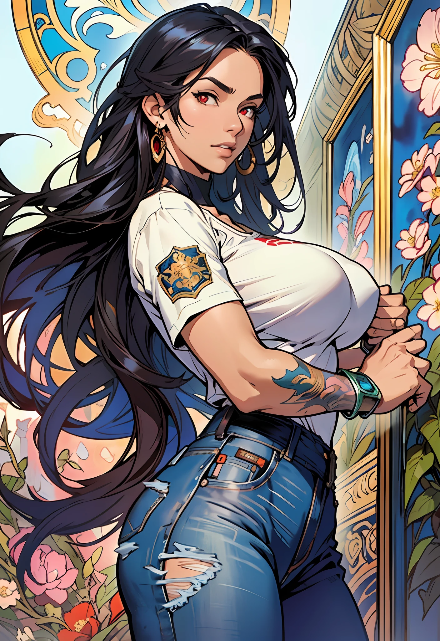 style ::2.0 comix illustration style,tatoon style , comic book style ,ashley alexiss argentina  ,beautiful woman with long  hair ultra detailed, (beautiful and clear background:1.2),, fantastic paintings ,graffit style,  flowers, olhos altamente detalhados , a white t-shirt or dressed in a jaeans jacket and white blouse underneath, with both fists in a fighting position, and bracelets, fighting against an enemy, with long black hair , stained glass colored, tongue slightly out, vibrant, alphonse mucha style, fantastic paintings by joe madureira  ,high quality, --ar 3:4 --upbeta --test --creative --upbeta --upbeta --upbeta --upbeta, masterpiece, best quality, high quality, extremely detailed cg unity 8k wallpaper, scenery, award winning photography, hdr, extremely detailed, trending on artstation, trending on cgsociety, intricate, high detail, art by midjourney  style::STYLE JKenneth Rocafort   ::2.9 (masterpiece:1.2, best quality), (finely detailed beautiful eyes: 1.2), ((1girl Kelly Brook very beautiful woman  BIG BREAST )), ((solo)), (red eyes:1.4), (finely detailed eyes and detailed face:1.3),), (with jeans and a white t-shirt or dress:1.3), (beautiful and clear background:1.2), (extremely detailed CG, ultra-detailed, best shadow:1.1), ((depth of field)), ((watercolor)), large breasts, bare shoulders, flowers and petals, beautiful concept illustration , (white background:0.5), (illustration :1.1), (extremely fine and beautiful:1.1), (perfect details:1.1)