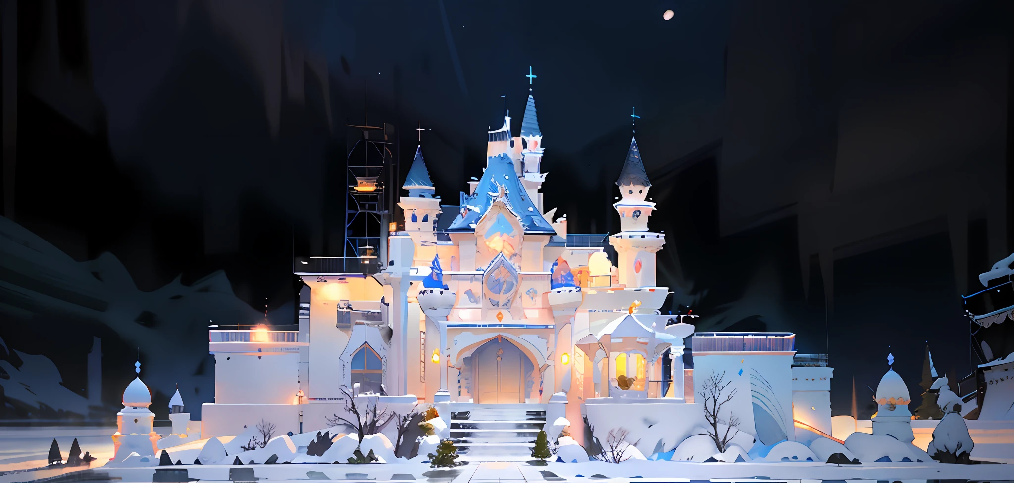Dreamy snow castle, light blue roof, snow on the roof, off-white front, texture of wall tiles, hyper-detailed materials, Disney Art style, Pixar Art style, pink Ferris wheel, fantastic carousel, pale yellow glass, small red flag on the roof, Ghibli style, clean colors, decisive cut, white space, realism, complete architecture, epic effects, ice castle, 8K picture