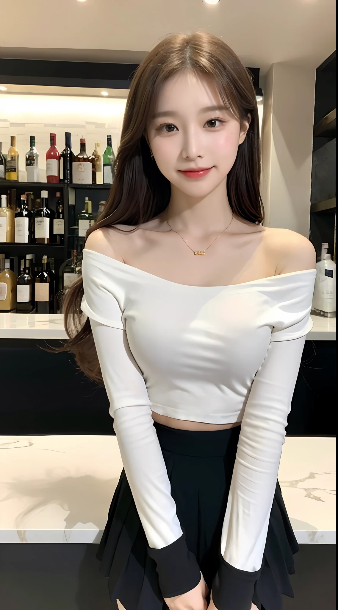 A superb exquisite real beautiful girl, golden long curly hair, extremely exquisite facial features, peerless beautiful girl, collarbone off-the-shoulder, white crop top shirt, black JK skirt, exposed legs, sweet smile, soft, dreamy quality, light white and dark brown, exaggerated facial features, solid color, frank off-white, surreal, blue gemstone necklace, ultra-clear, beautiful young girl, cute and lively, super short leggings, background at the bar counter