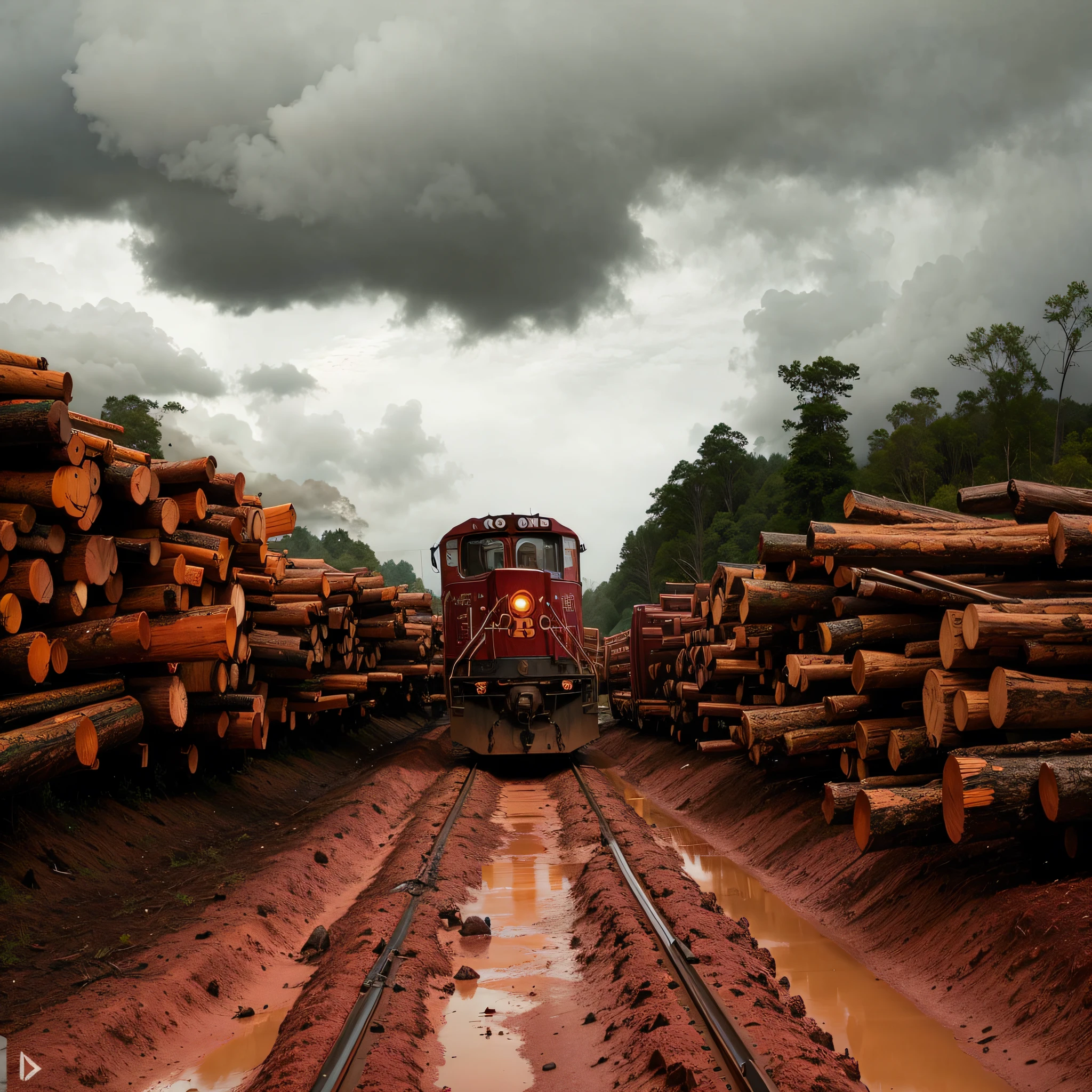 iron train carrying timbers in its wagons on rainy day