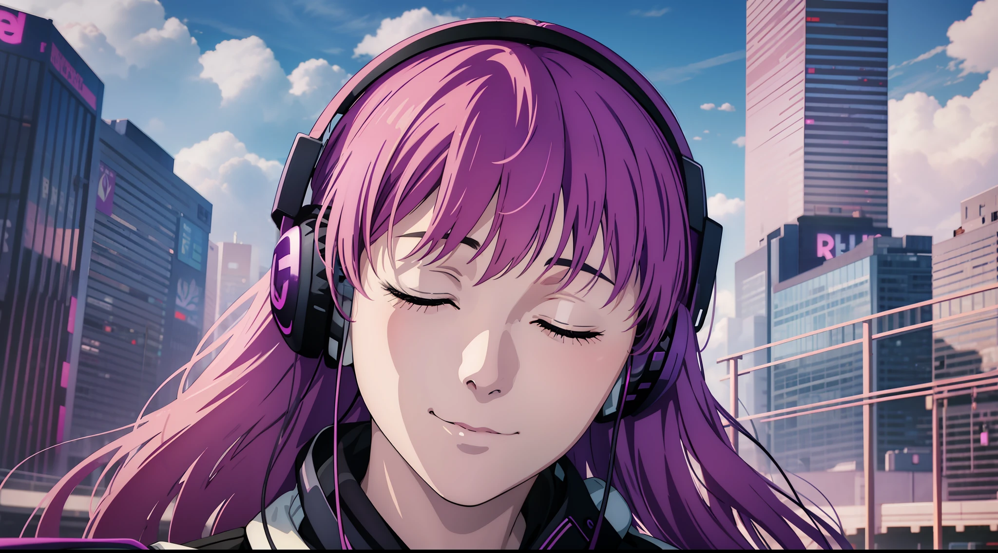 Woman with peace sense headset, closed eyes, beautiful face, RGB colors, purple hair, banner for youtube video, happy girl, clouds with RGB colors., bright RGB colors.
