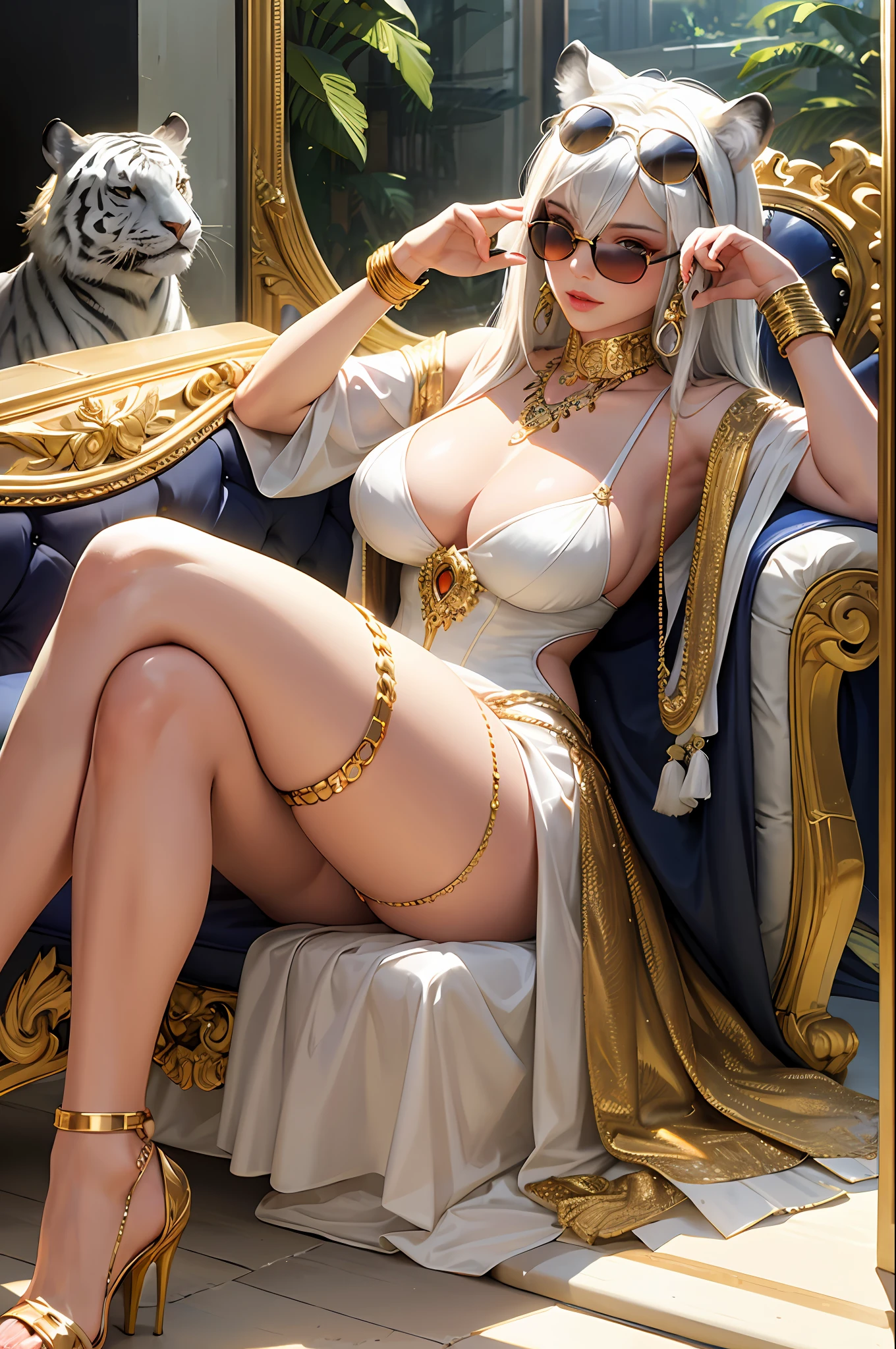 masterpiece, best quality, realistic, sexy white tiger, little tiger, tiger head, big breasts, glasses on the head, gear, gemstones, sunglasses, gold, jewelry, magic circle, male_focus, dress, high heels, sunglasses, tassels, throne,