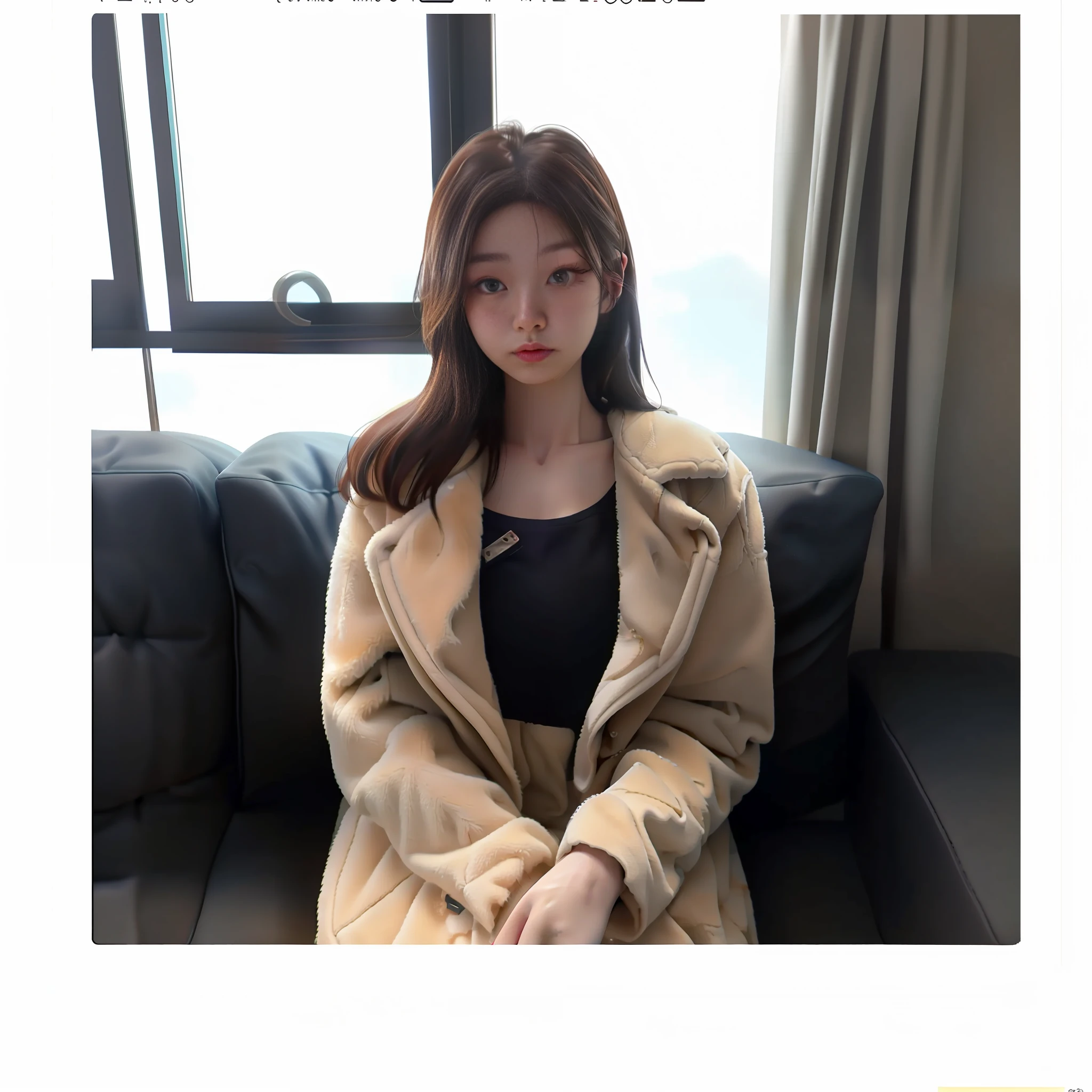 a close up of a person sitting on a couch wearing a coat, reluvy5213, 19-year-old girl, photo of slim girl, ulzzang, leaked image, jaeyeon nam, heonhwa choe, upscale photo, naver fanpop, tzuyu from twice, korean girl, taken in 2 0 2 0