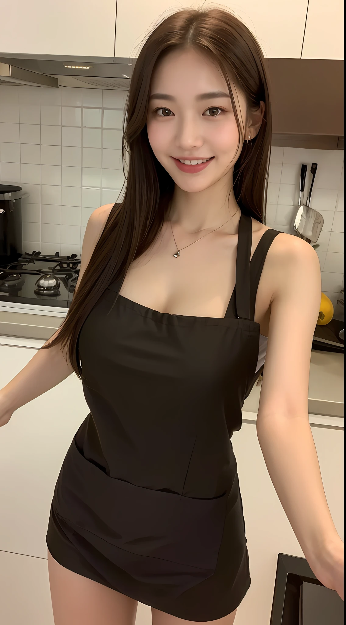 (Best quality, 8k, masterpiece: 1.3), a beautiful woman with perfect figure: 1.4, dark brown hair, wearing a pendant, wearing an apron, in the kitchen, highly detailed face and skin, detailed eyes, double eyelids, big breasts, smile