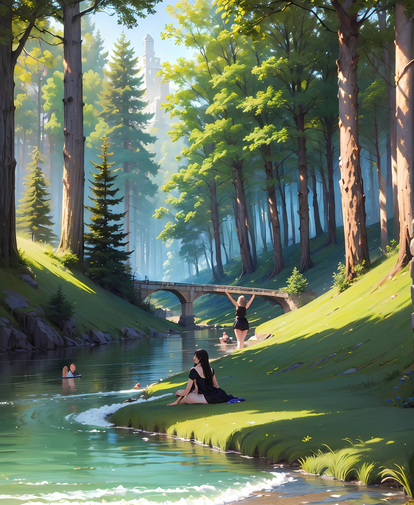 (((the best)),((ultra-detailed))),(((masterpiece))) In ancient times, a group of thieves stole clothes by the river, in the forest.