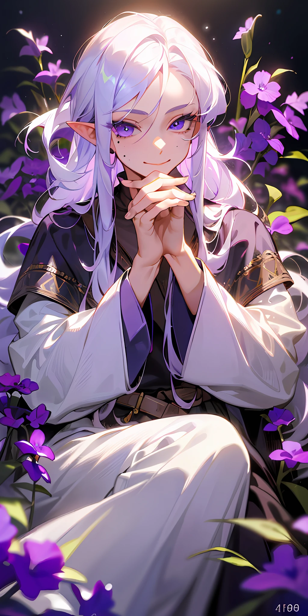 (masterpiece, best quality, perfect face, stunning eyes, long eyelashes, light eyelashes, perfect hands, perfect body, flawless, FULL HD, 4K Quality, 1080p, highly detailed),1male, albino, long white hair, loose parted bangs, long pointy ears, smiling slightly, violet colored eyes, sitting in a field of purple violet plants and flowers, his hand under his chin, warm lighting, cleric clothing, long sleeves, mole on upper lip, blurry foreground
