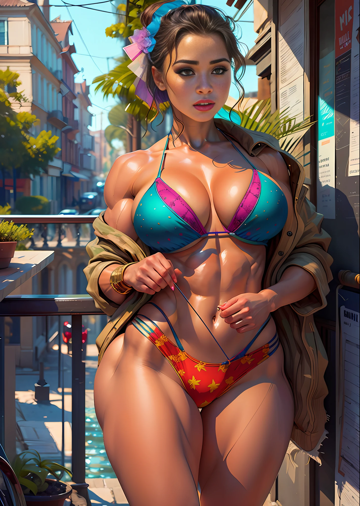 (high resolution, incredibly perfect in pixels, luxurious illustration), (Ultra quality, masterpiece, ethereal: 1.4), nagatiti, (medium breasts: 1.6), (breast tightness: 1.3), (bimbo 1.4 ), (normal breasts: 1.4), (Realism:1.2), (Realisitc:1.2), (Absurds:1.4), 8K, Ultra-detailed, Beautiful detailed mature face,(Solo:1.4), 1Girl, (Face viewer: 1.2), intricate body details, (Milf: 1.4), (Curvy:1.3), woman in panties posing on a balcony,  tumblr, dada, muscular girl, muscular, torn, very beautiful. big muscles, curvy fit physique, muscular woman, fitness model, big muscles, thick body, massive muscles, female and muscular, superhero bikini bodybuilder, muscular thighs, exaggerated physique