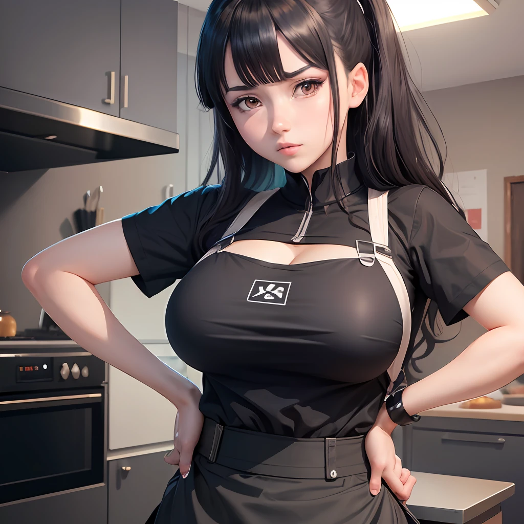 masterpiece, absurdres,hinata\(boruto\), 1girl, solo, black shirt,pencil skirt, apron, looking at viewer,kitchen, hands on hips, big breasts, --auto --s2