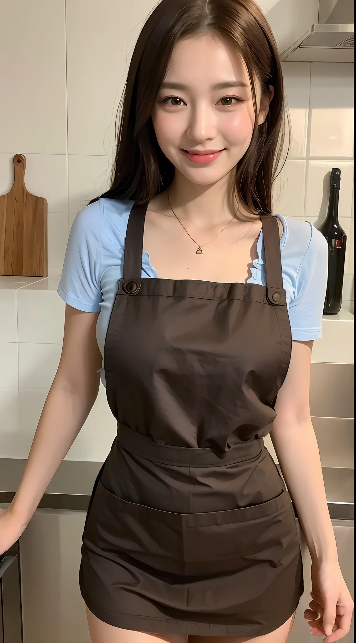 (Best quality, 8k, masterpiece: 1.3), a beautiful woman with perfect figure: 1.4, dark brown hair, wearing a pendant, wearing an apron, in the kitchen, highly detailed face and skin, detailed eyes, double eyelids, big breasts, smile
