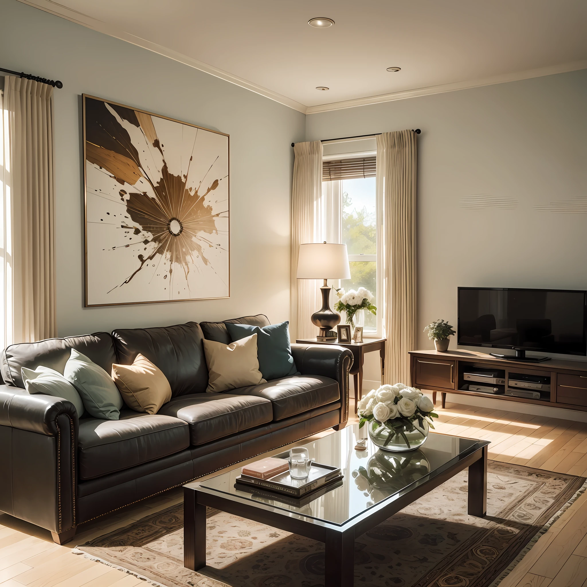 A spacious and bright living room, decorated with warmth and comfort. It features smooth hardwood floors and soft, ambient lighting. A large sofa with plush cushions and pillows sits near the window, enjoying ample natural light. Surrounding the sofa are carefully selected coffee tables and side tables, providing convenient surfaces for magazines, books, and beverages. Adorning the wall adjacent to the sofa is a beautiful piece of artwork, adding an elegant and artistic touch. Across from the sofa, a modern television hangs on the wall. --auto --s2