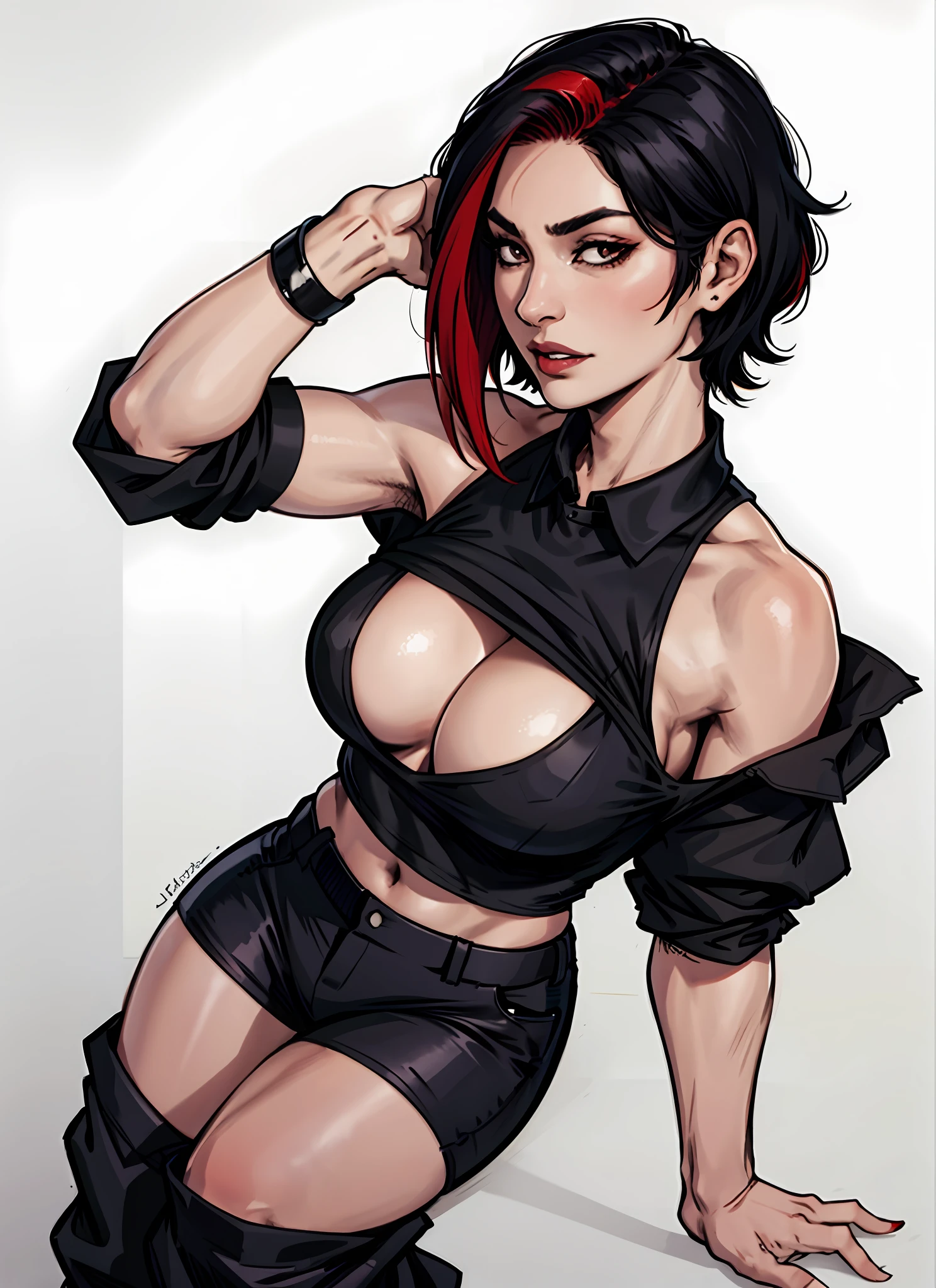 Beautiful woman, Asian, black sleeveless short t-shirt, neckline, black lag pants, black short hair with red locks, ink, realistic, textures, big chest