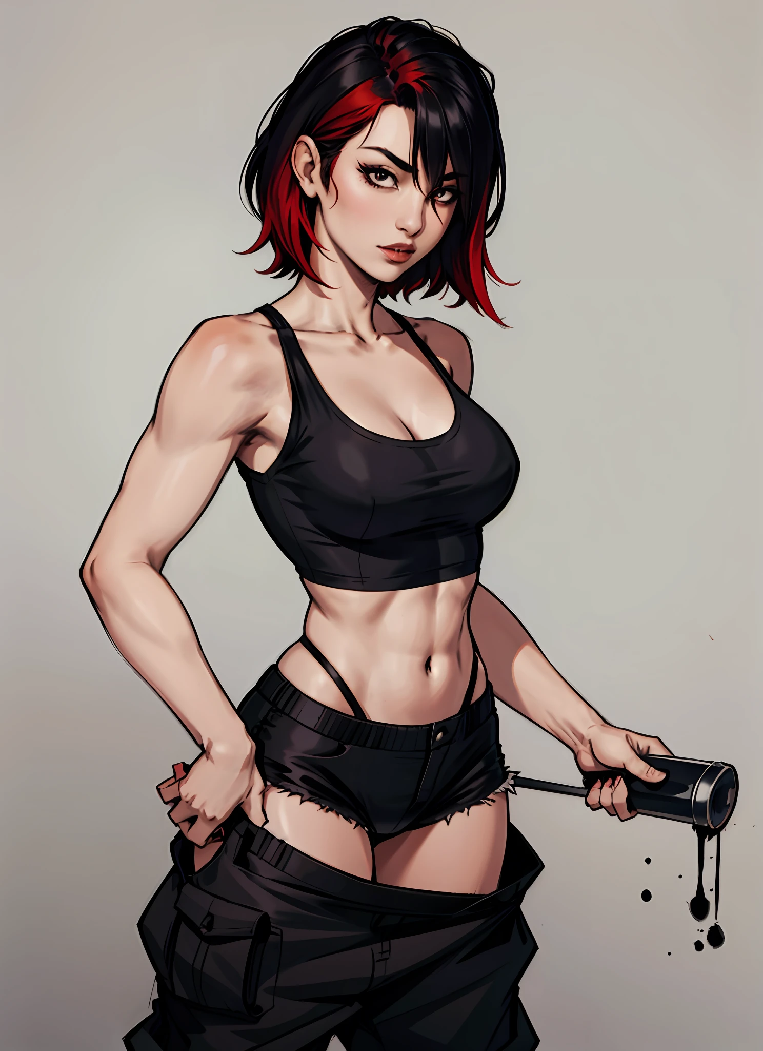 Beautiful woman, Asian, black sleeveless short t-shirt, neckline, black lag pants, black short hair with red locks, ink, realistic, textures, big chest