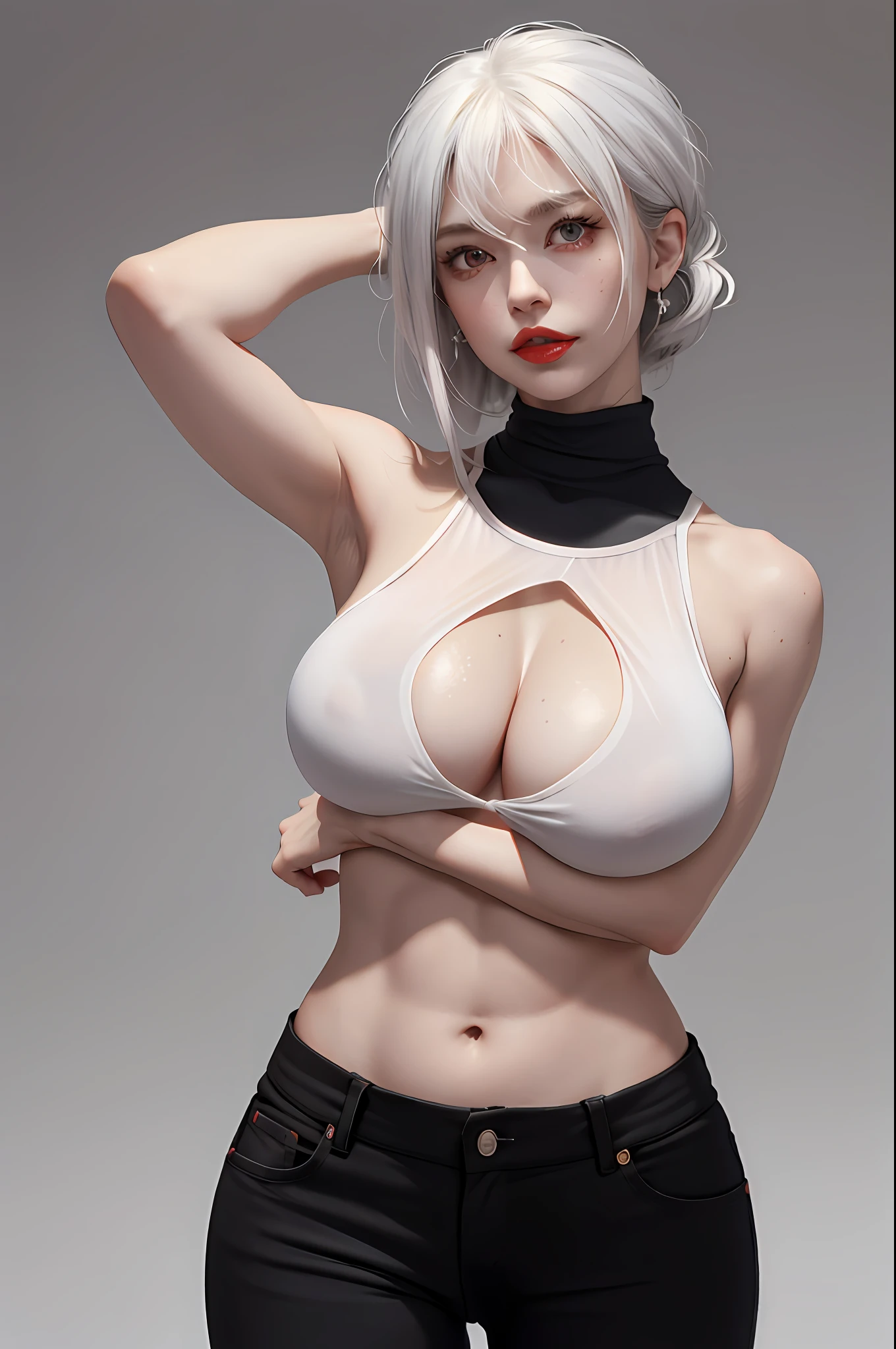 Girls, Bangs, Bare Shoulders, Black Pants, Breasts, Breasts squeezed together, Grey background, Hair between the eyes, Huge breasts, Long hair, View Viewer, Pants, Parted lips, Red eyes, Shirt, Simple background, Sleeveless, Sleeveless shirt, Solo, Turtleneck, V arm, White hair,(Shiny skin),(Masterpiece:1.4),(Best quality:1.4),,Facigirl,Red lips,Perfect abs, belly button, (nipple: 1.5), (sheer areola), nipple, huge, sweat,