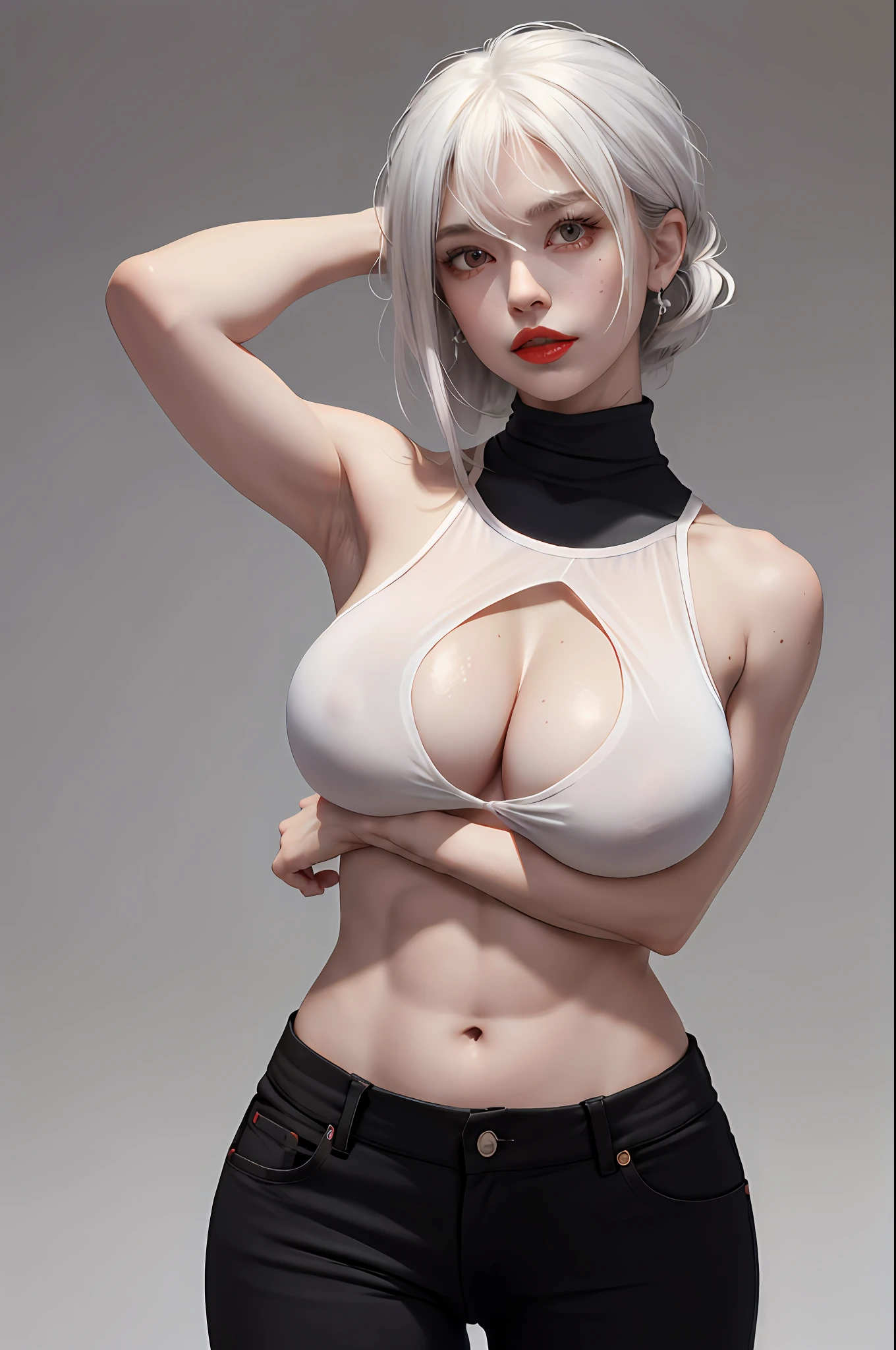 Girls, Bangs, Bare Shoulders, Black Pants, Breasts, Breasts squeezed together, Grey background, Hair between the eyes, Huge breasts, Long hair, View Viewer, Pants, Parted lips, Red eyes, Shirt, Simple background, Sleeveless, Sleeveless shirt, Solo, Turtleneck, V arm, White hair,(Shiny skin),(Masterpiece:1.4),(Best quality:1.4),,Facigirl,Red lips,Perfect abs, belly button, (??????: 1.5), (sheer ??????), ??????, huge, sweat,