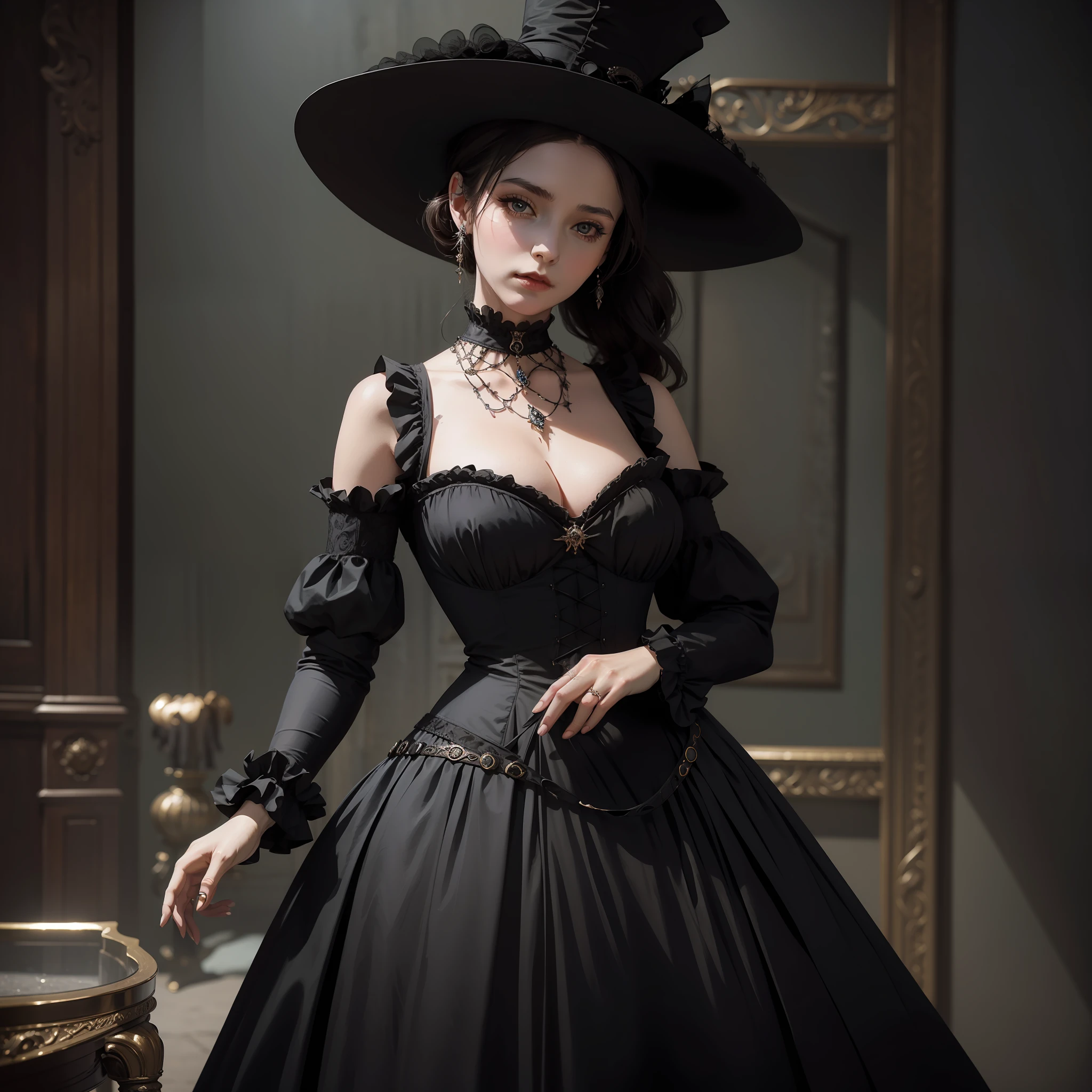 A woman in a black dress and hat,All over body, victorian lady, victorian style costume, victorian city, elegant cinematic fantasy art, fantasy victorian art, stunning character art, victorian inspired clothing, a beautiful victorian woman, elegant victorian vampire, in victorian aristocrat, elegant cinematic pose, victorian clothing, victorian age, wearing victorian clothes