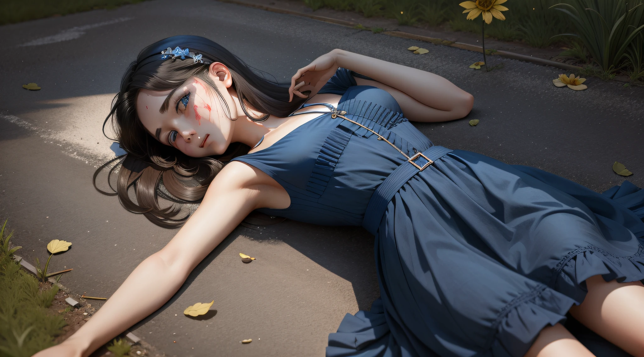 A girl in a blue dress was lying on the ground, covered in blood