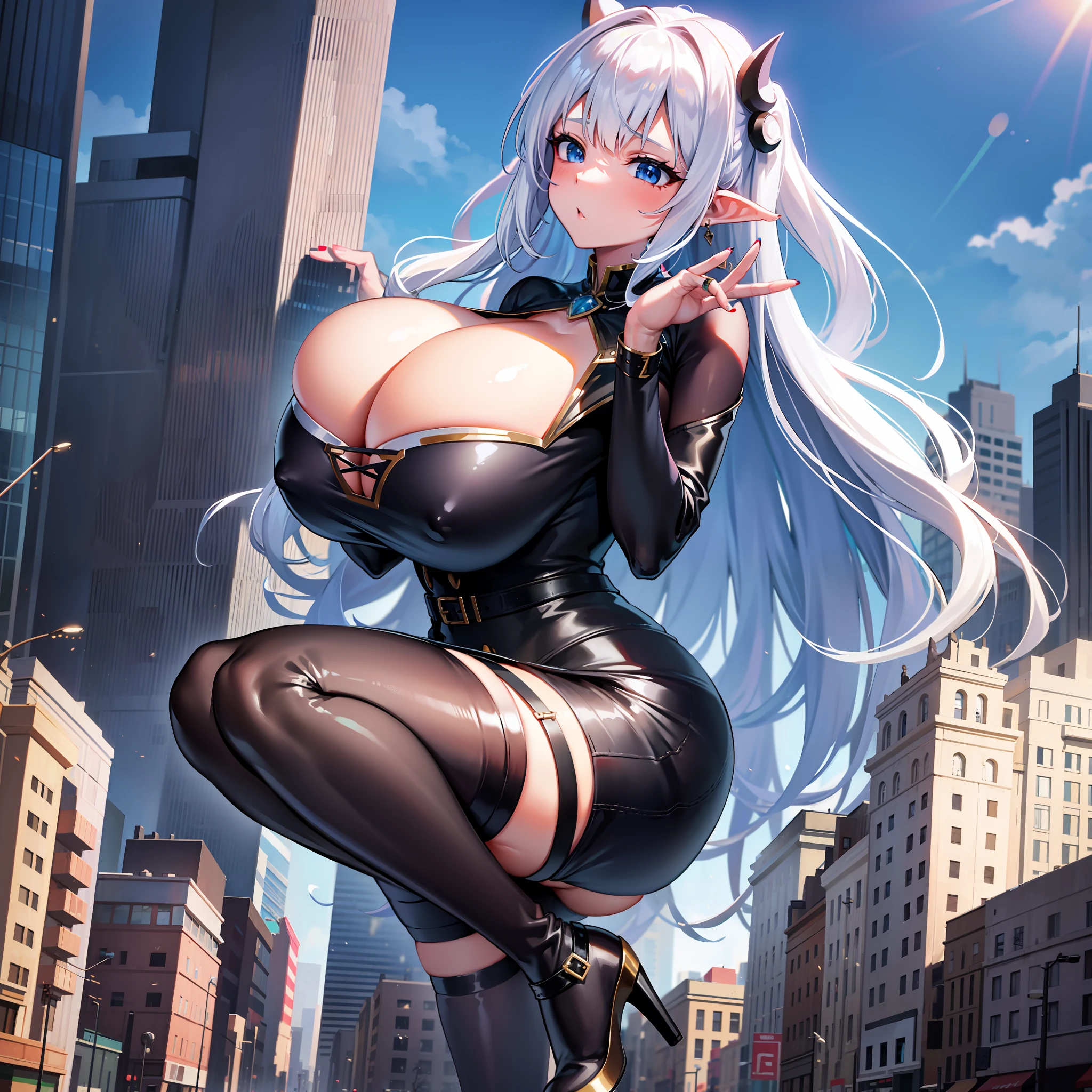 Giantess, elf, gtscity, buildings, white hair, red nails, huge breast, big tits, pantylones,very huge breast, blue eyes, high quality, beautiful, sexy, very sexy, cute, shy,dress, office dress, long dress,black dress, very huge tits, tits are half opened, biger then buildings, high heels