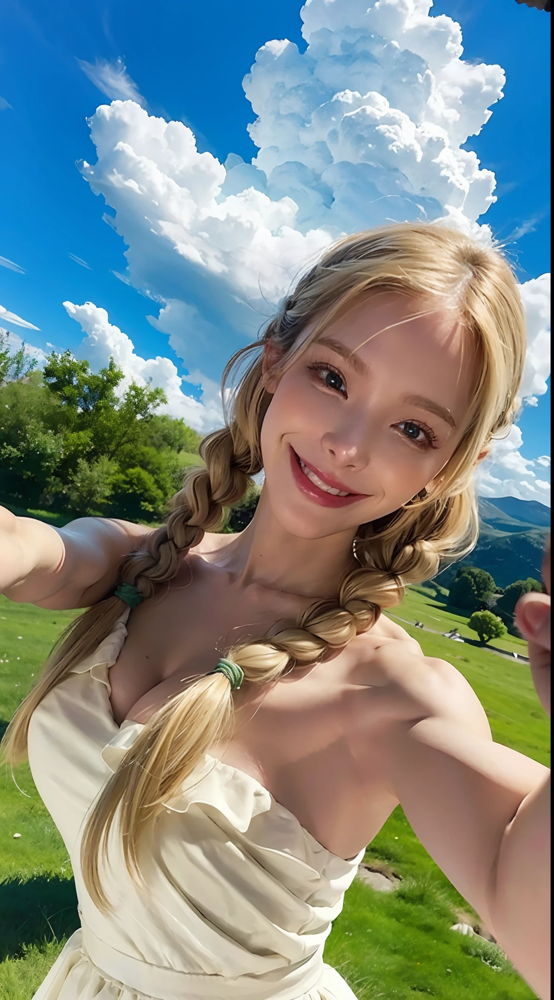 1girl, solo,dress, blonde hair, green eyes, braid, white dress, outstretched hand, outdoors, looking at viewer, cloud, bare shoulders, sky, smile, wind