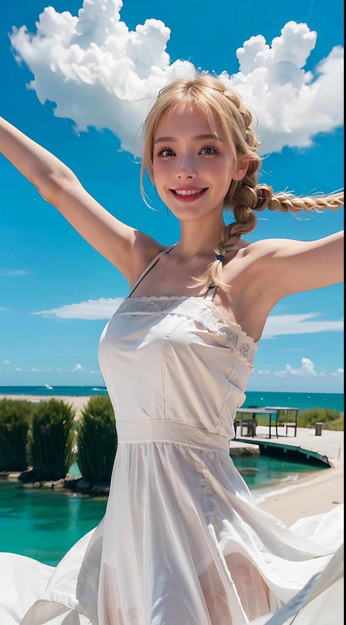 1girl, solo,dress, blonde hair, green eyes, braid, white dress, outstretched hand, outdoors, looking at viewer, cloud, bare shoulders, sky, smile, wind