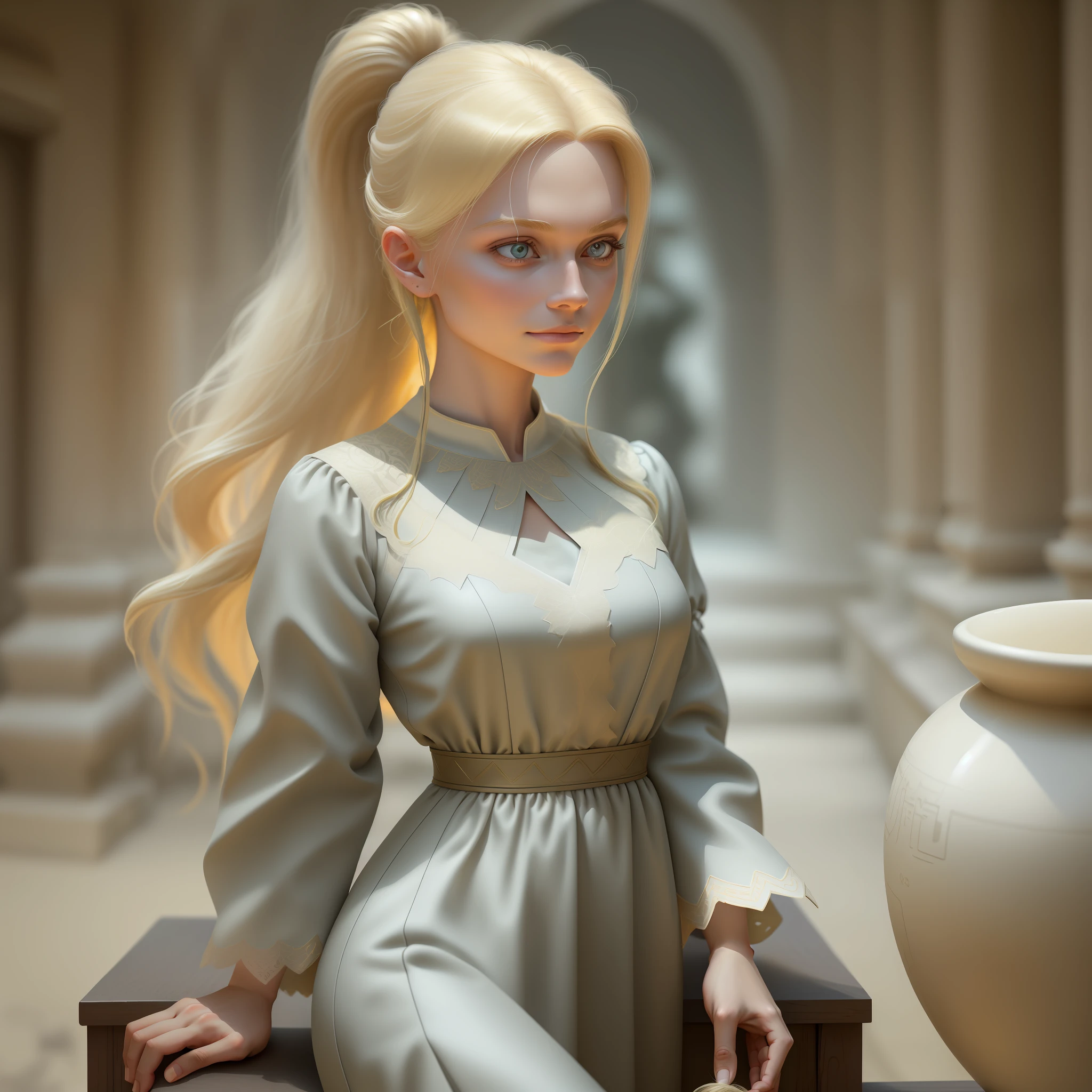humble angel, fog, fantasy, ultra-wide lens, realism, eyes, (pixarstyle:1.2), Helene Knoop, pupils, hypermaximalised, face, detailed skin, ornament dress, beautiful, good anatomy, detailed and intricate, centered, skin pores, subsurface scattering, masterpiece, best quality, sharp focus, absurd, (highly detailed photo: 1.1), (long blonde hair, ponytail, ecstatic: 1.1), (young women: 1.1), (perfect body: 1.1), realistic, real shadow, 3d, (temple background: 1.2), (by Michelangelo), light smile, photo by Canan EOS R6, 135mm, 1/1250s, f/2.8, ISO 400
