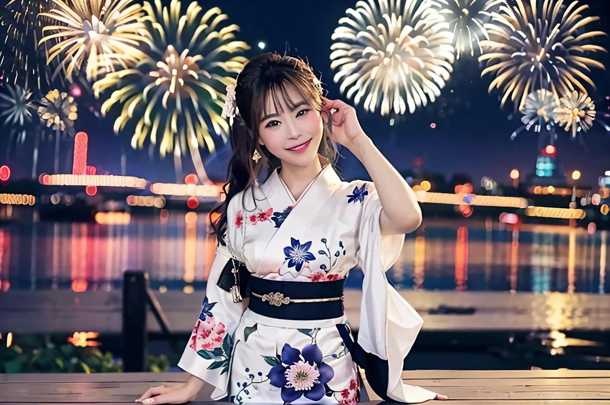 8K, very delicate and beautiful, very detailed eyes and face and skin, professional lighting, wonderful, port, (a large number of fireworks launched), full body shot, (one woman in the back looking at the fireworks, 25 years old, dumpling hair), symmetrical clear eyes, slim, piercing, (smile, happy smile: 1.3), night: 1.8, yukata,