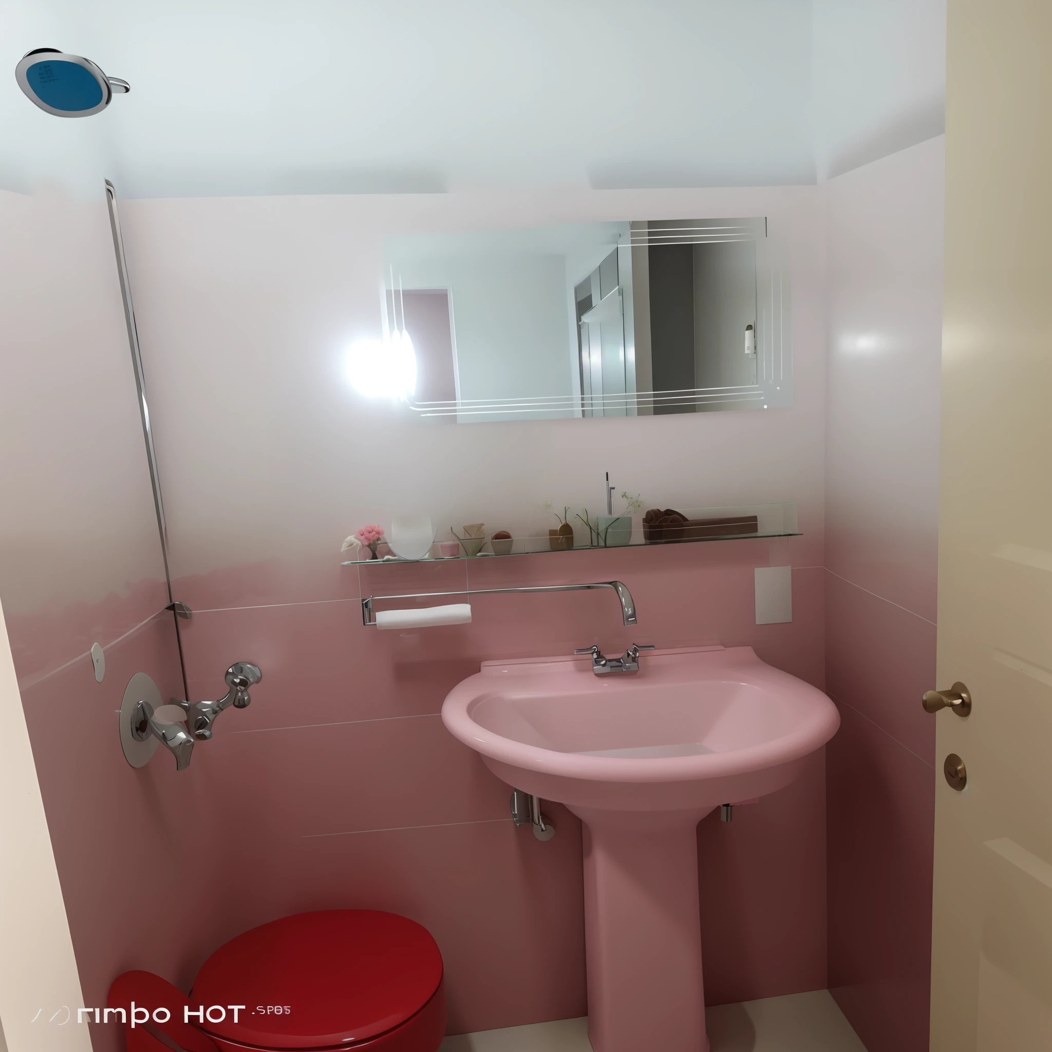 there is a pink sink and a mirror in a bathroom, in bathroom, interior of a bathroom, bathroom, photo taken from far, listing image, toilet, high - angle view, in a bathroom, pink water in a large bath, photo taken in 2 0 2 0, full device, clean image, well maintained, 1614572159