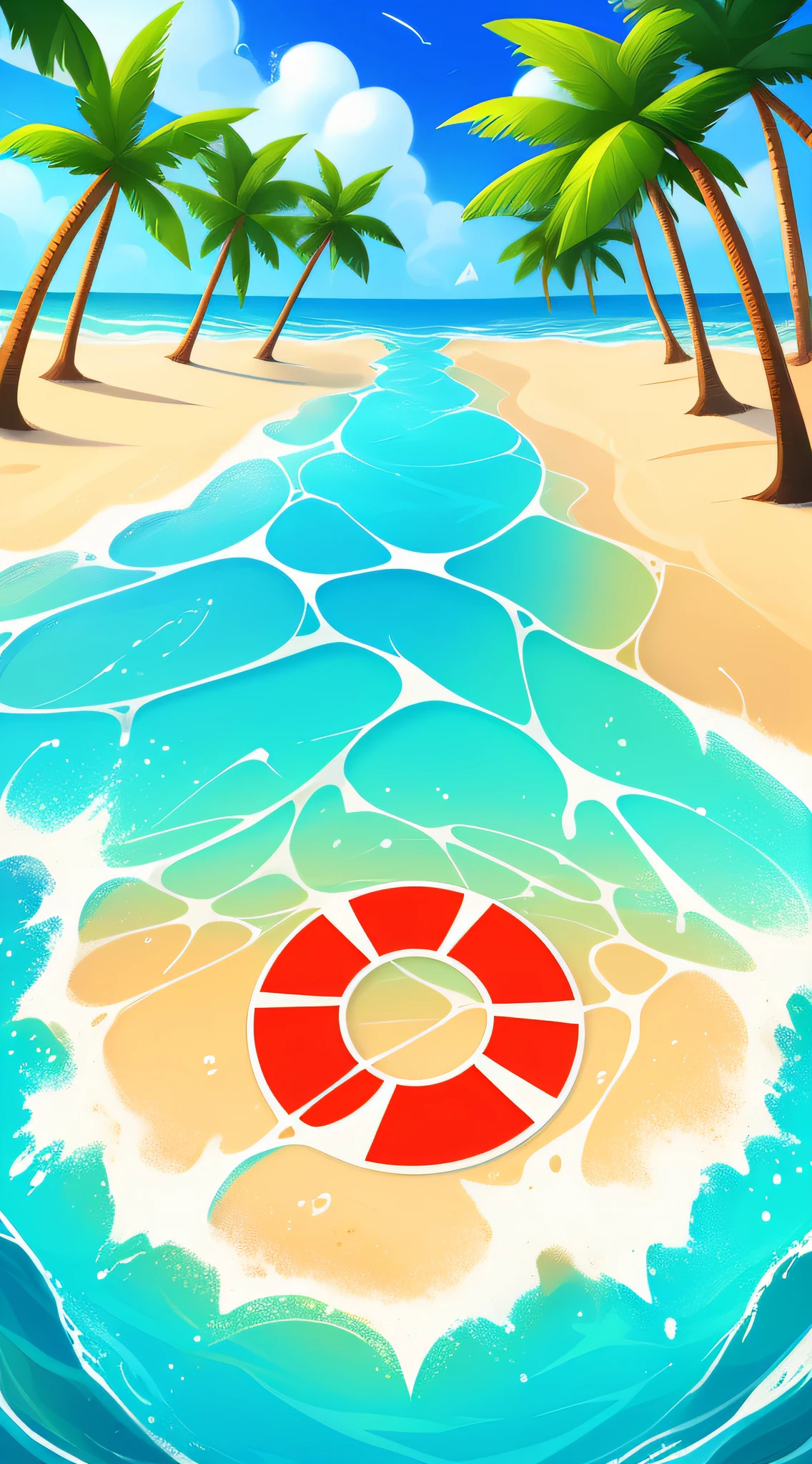 A swimming circle on the sea, beach, palm trees, official splash art, wallpaper splash art, promotional art, start screen art, disney splash art, splash art, breeze background, official artwork, character splash art, loading screen, splash screen, official screenshot, mobile game art, background art, splash character art, don't appear characters, don't appear animals