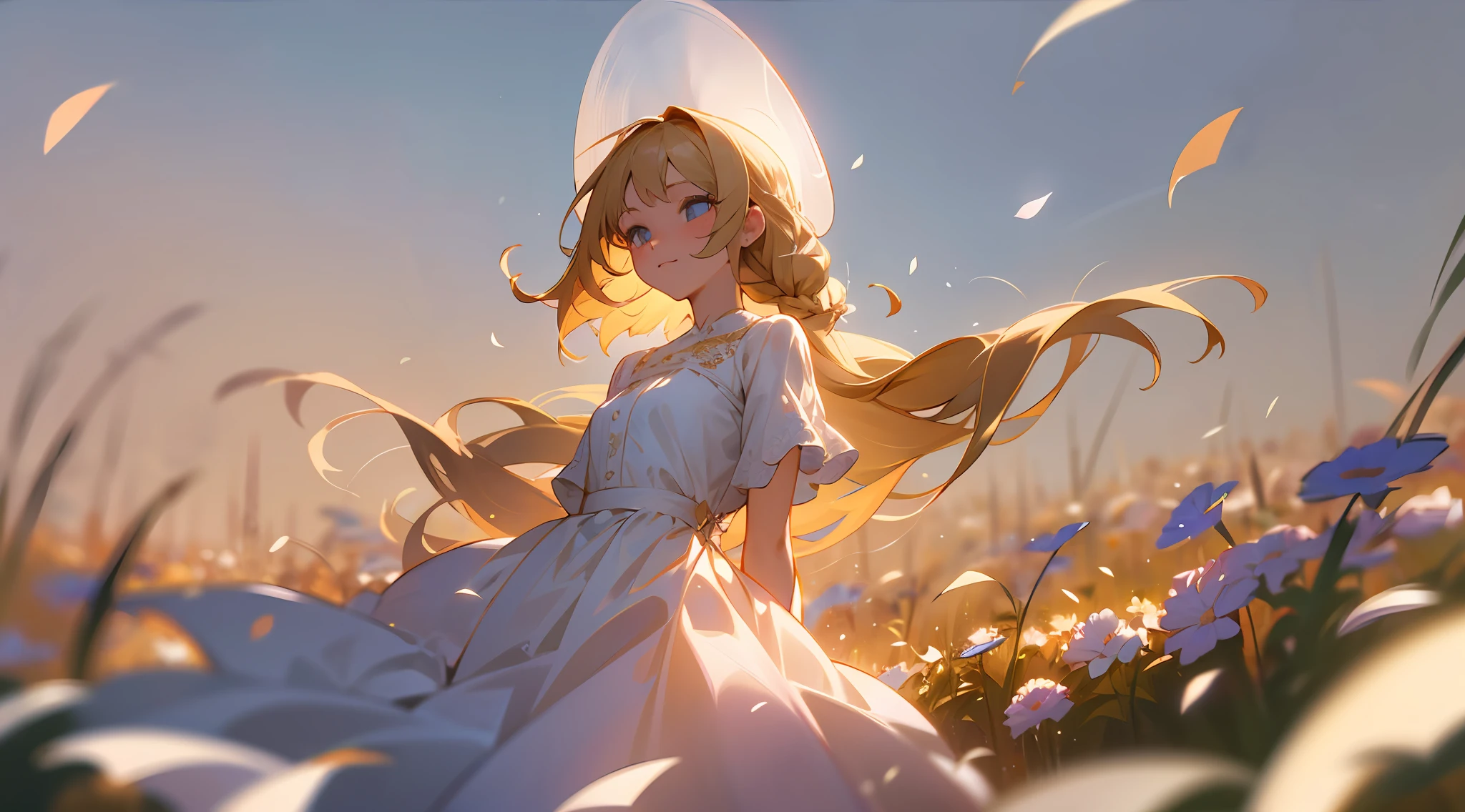 cowboy shot, upper body, depth of field, blurred foreground, perspective, arms behind back, masterpiece, best quality, ultra detail, CG, 8K wallpaper, beautiful face, delicate eyes, a beautiful woman, solo, blonde hair, braids, golden eyes, white dress, dancing in a flower field, fluttering skirt, wind, flower field, petals, sky, rose, red flowers