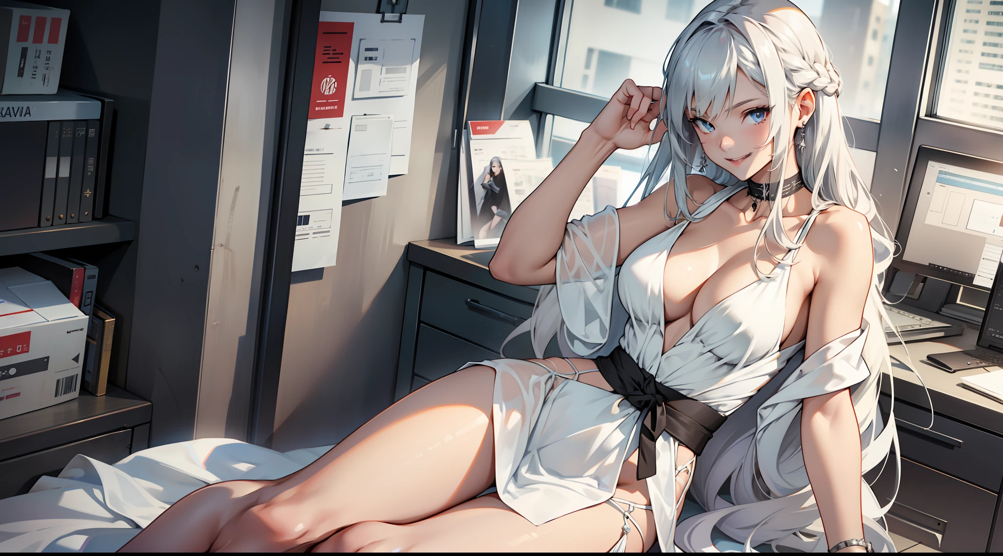 A girl with long silver hair, pronounced cleavage, white gauze dress, delicate face, perfect body proportions, thin waist, slender legs, milky skin, smiling, office hours