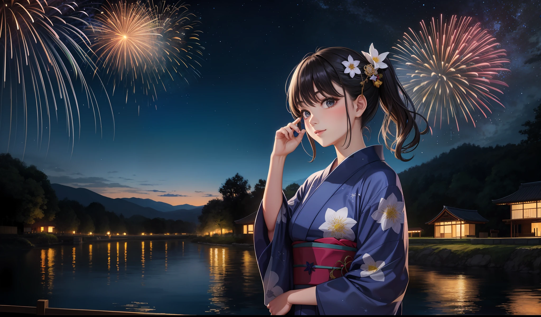 beauty, 25 years old, countryside, yukata, night, starry sky, fireworks, river,