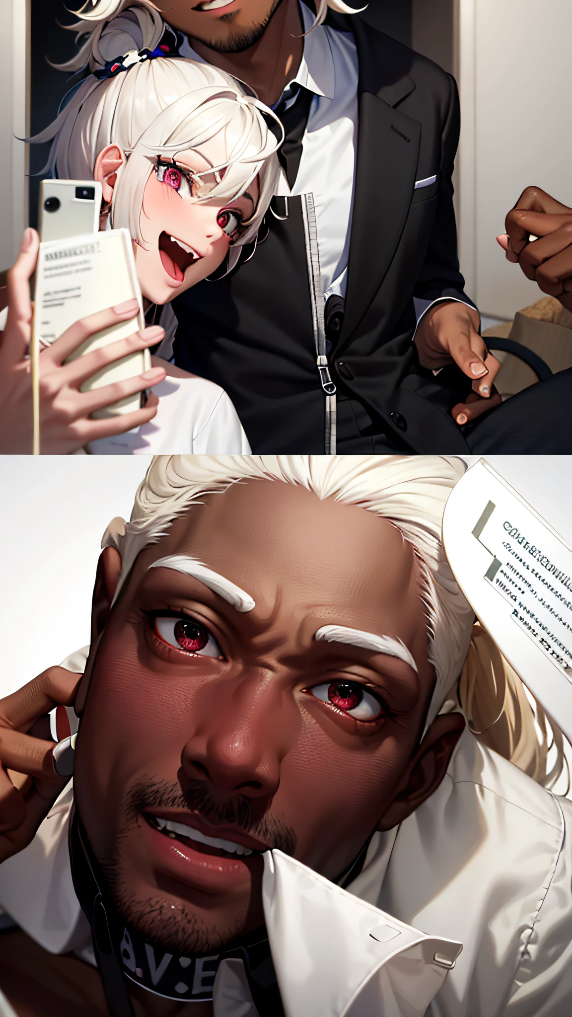 "couple, 19-year-old black boy and girl, blonde and white hair, multicolored eyes, smell, Fujicolor, 1080P, HD, 16k, best quality, super detailed, anatomically correct, masterpiece."