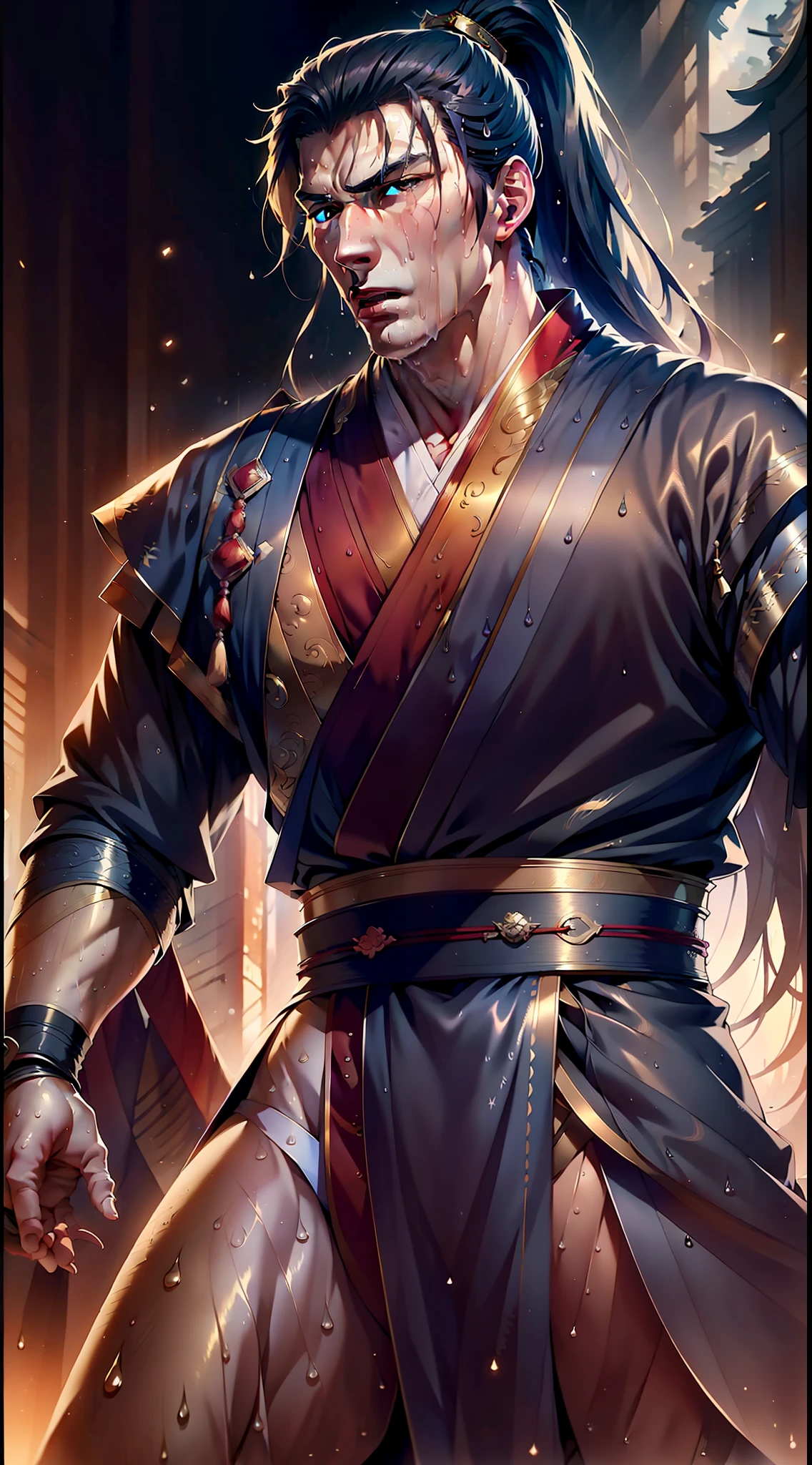 Two-dimensional, anime style, man (male warrior), muscle, correct proportions, face details, martial arts, high ponytail hairstyle, sweating, sweaty face, drooling, neck details, with Adam's apple, wet, wet, Hanfu costume, long robe, embroidered robe, dragon robe, clothing details, collar, long sleeves, game quality, swordsman demeanor, light and shadow tracing, ray tracing, detail glow, CG rendering, hair details, long black hair, golden eyes, sweaty face, handsome, handsome, sweat beads slipping down the neck, (juvenile feeling), complex clothing, wet, wet, perfect composition, refinement, high quality, more details, a lot of details, complex background, atmosphere,