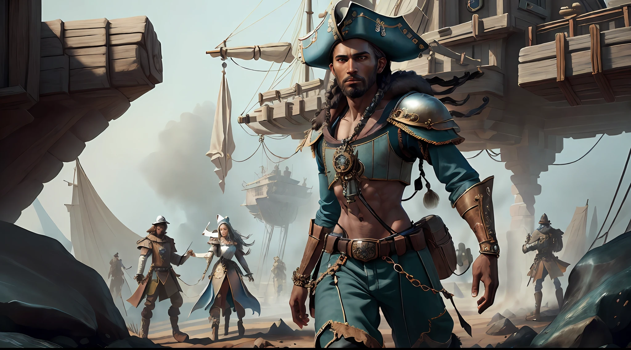 (((multi-person interaction, with men and women))), (highly detailed RAW color photos, ridiculous resolution, high resolution, super detailed), ((r 9 6 angles)), dark skin, handsome, fearless and brave expression, mature, thin shoulders, very thin body, black captive dark pirate hat, white dirty braids, vibrant green eyes, (detailed eyes and detailed face), extremely detailed 8k photo, (full body: 0.9), beautiful woman, outboard, offboard background, detailed face, (Medieval Fantasy Theme: 1.3), Light Blue Pirate Theme Armor with Highly Intricate Details, Blue Pants, Ship in the Background, Inside the Ship, Deck of the Ship, Inspired by Dungeons & Dragons, Digital Artwork, Surreal, Photography, Soft Lighting, Soft Detail, Octane, ArtStation Trend, Ultra High Detail, Surreal, Movie, 16k,