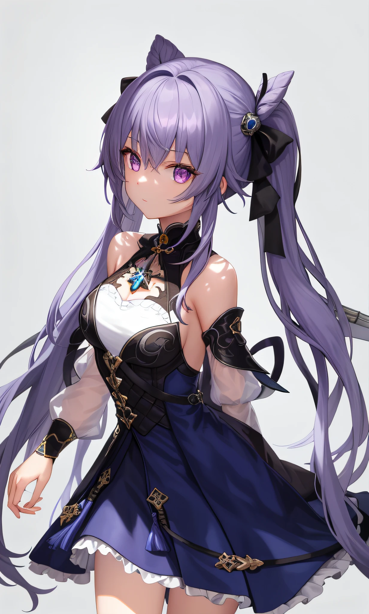 Dynamic lighting, high resolution, clear focus, depth of field, best shadow, 1 girl, masterpiece, the best, very detailed CG "face detail, best quality, two-dimensional, sci-fi, genshin Keharu, cute, cold, total angle hairstyle! Light purple hair, posture standing, bone-in translucent skin, beautiful girl with mechanical elements, top quality , hands behind your back, hands hidden --auto --s2
