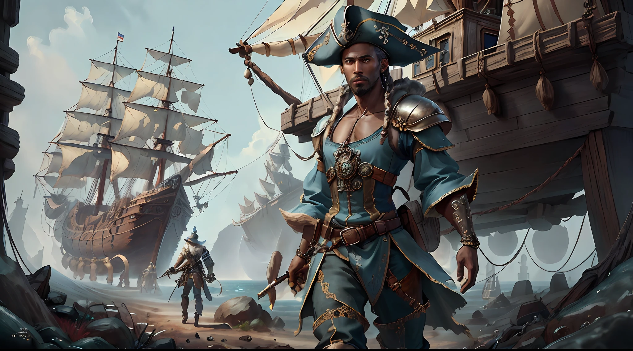 (((multi-person interaction, with men and women))), (highly detailed RAW color photos, ridiculous resolution, high resolution, super detailed), ((r 9 6 angles)), dark skin, handsome, fearless and brave expression, mature, thin shoulders, very thin body, black captive dark pirate hat, white dirty braids, vibrant green eyes, (detailed eyes and detailed face), extremely detailed 8k photo, (full body: 0.9), beautiful woman, outboard, offboard background, detailed face, (Medieval Fantasy Theme: 1.3), Light Blue Pirate Theme Armor with Highly Intricate Details, Blue Pants, Ship in the Background, Inside the Ship, Deck of the Ship, Inspired by Dungeons & Dragons, Digital Artwork, Surreal, Photography, Soft Lighting, Soft Detail, Octane, ArtStation Trend, Ultra High Detail, Surreal, Movie, 16k,