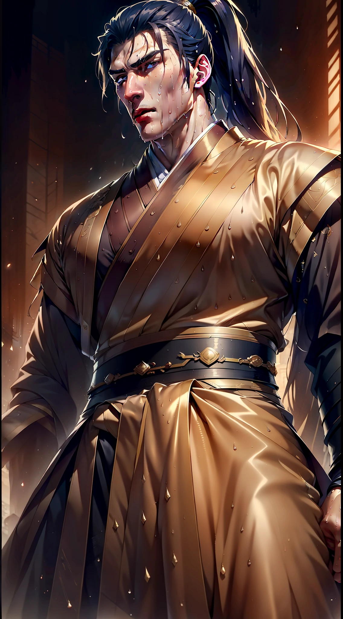 Two-dimensional, anime style, man (male warrior), muscle, correct proportions, face details, martial arts, high ponytail hairstyle, sweating, sweaty face, drooling, neck details, with Adam's apple, wet, wet, Hanfu costume, long robe, embroidered robe, dragon robe, clothing details, collar, long sleeves, game quality, swordsman demeanor, light and shadow tracing, ray tracing, detail glow, CG rendering, hair details, long black hair, golden eyes, sweaty face, handsome, handsome, sweat beads slipping down the neck, (juvenile feeling), complex clothing, wet, wet, perfect composition, refinement, high quality, more details, a lot of details, complex background, atmosphere,
