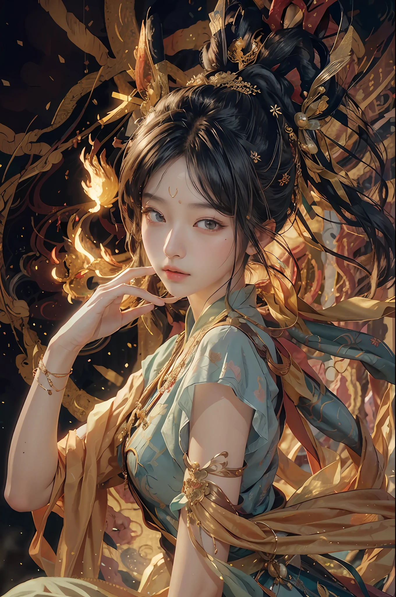 (RAW photo, best quality), (realistic, photo-realistic:1.3), best quality, highly detailed, masterpiece, ultra-detailed, illustration, 1girl, upper_body, dynamic angle, world mastery theater, messy_long_hair,best quality, extremely detailed CG unity 8k壁纸,墨水,惊人,电影灯光,lens_flare,dunhuang_style,橙色,敦煌飞天,大月亮