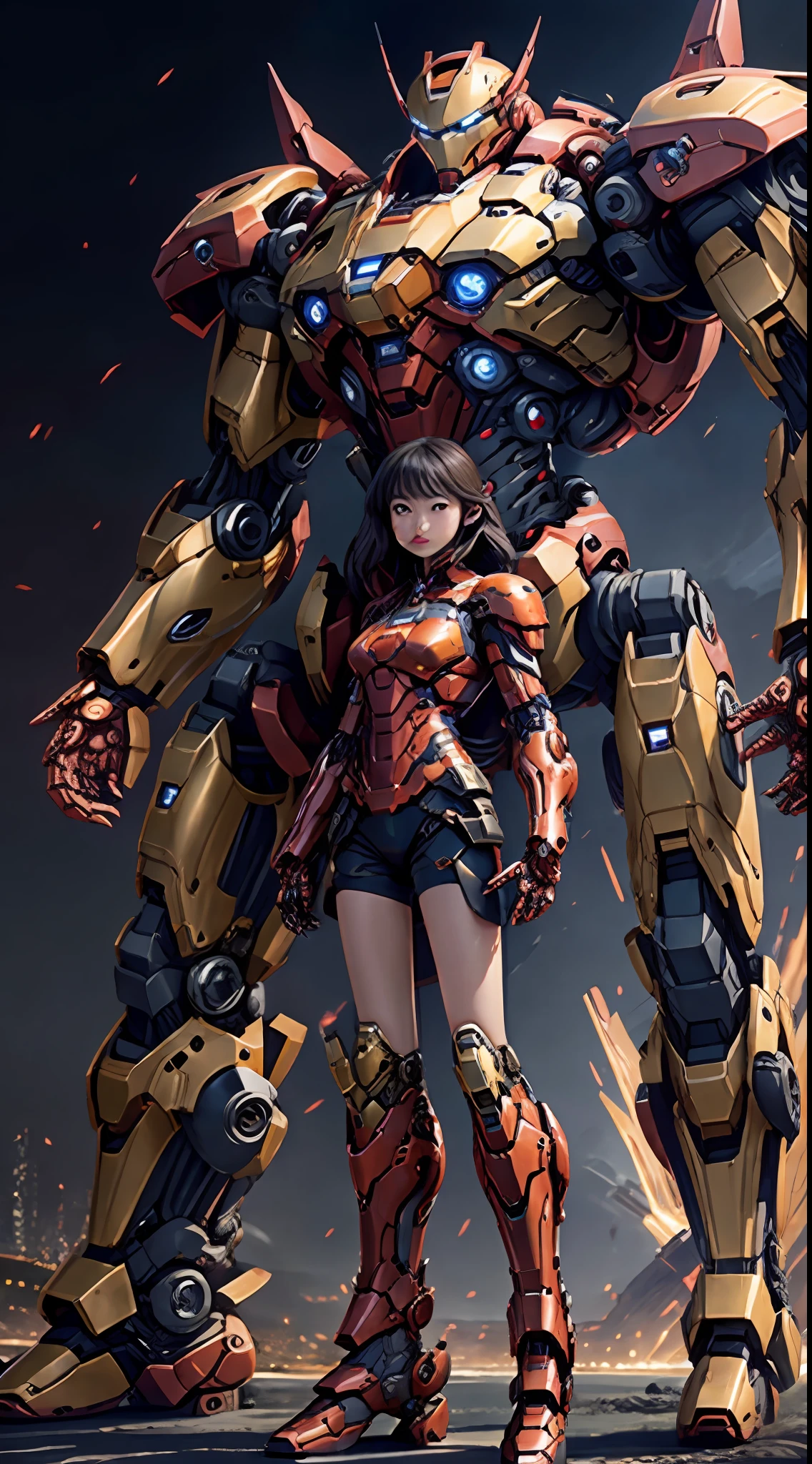 Boutique,best quality,Gold jewelry,(slip out feet),Fairy skin,(Fidelity :1.2),Standing,Super Detailed,realistic,High quality,Movie Light,Ray tracking,Ultra HD,Upper body, Girl in futuristic Iron Man mech, orange dark purple color scheme standing next to giant robot, Ross Tran 8 K, Guweiz on ArtStation Pixiv, girl in mecha network armor,