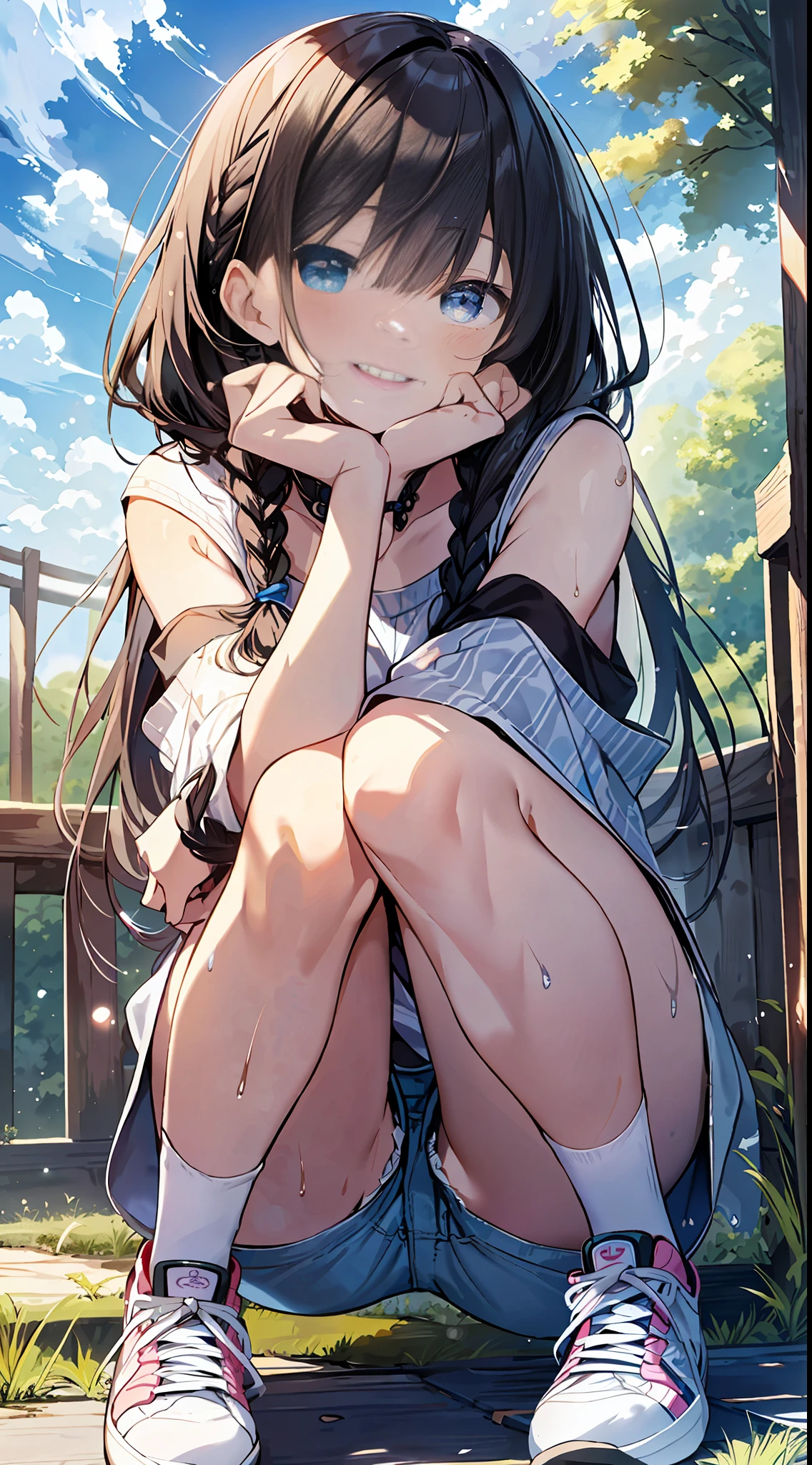 Top Quality, Masterpiece, Ultra High Definition, 8K, Summer Sky, Early Summer, (Light Blue Shorts, Light Knit, Sneakers), Shojo Manga Style Loli, One, Soft Line Art, Digital Enhancement, Shoujo Manga Touch, Shojo Manga Core, Flowing Fabric, Close Up, (Hair length to shoulders and short braids)), Wet hair, Staring at us from the front, Soft drawing, Beautiful black hair, clear eyes, (((teasing smile)), ultra-detailed digital anime art, clear face depiction, ultra-detailed shoujo manga character art, ultra-detailed manga style, top quality colors, hand gestures, landscape with nature, looking up at the sky, angle to see up to the feet, crouching