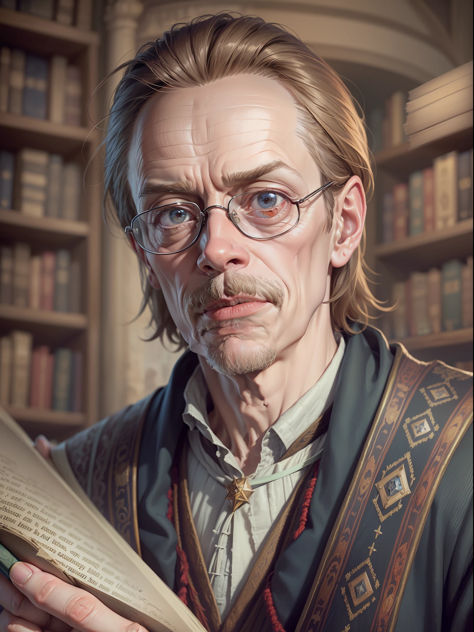 (an incredibly detailed and realistic) portrait of Steve Buscemi as a (charismatic and knowledgeable) professor at Hogwarts, (in a distinguished wizard's robe and pointed hat), (surrounded by books, scrolls, and magical artefacts), (with a wand in hand and a wise expression). analog film