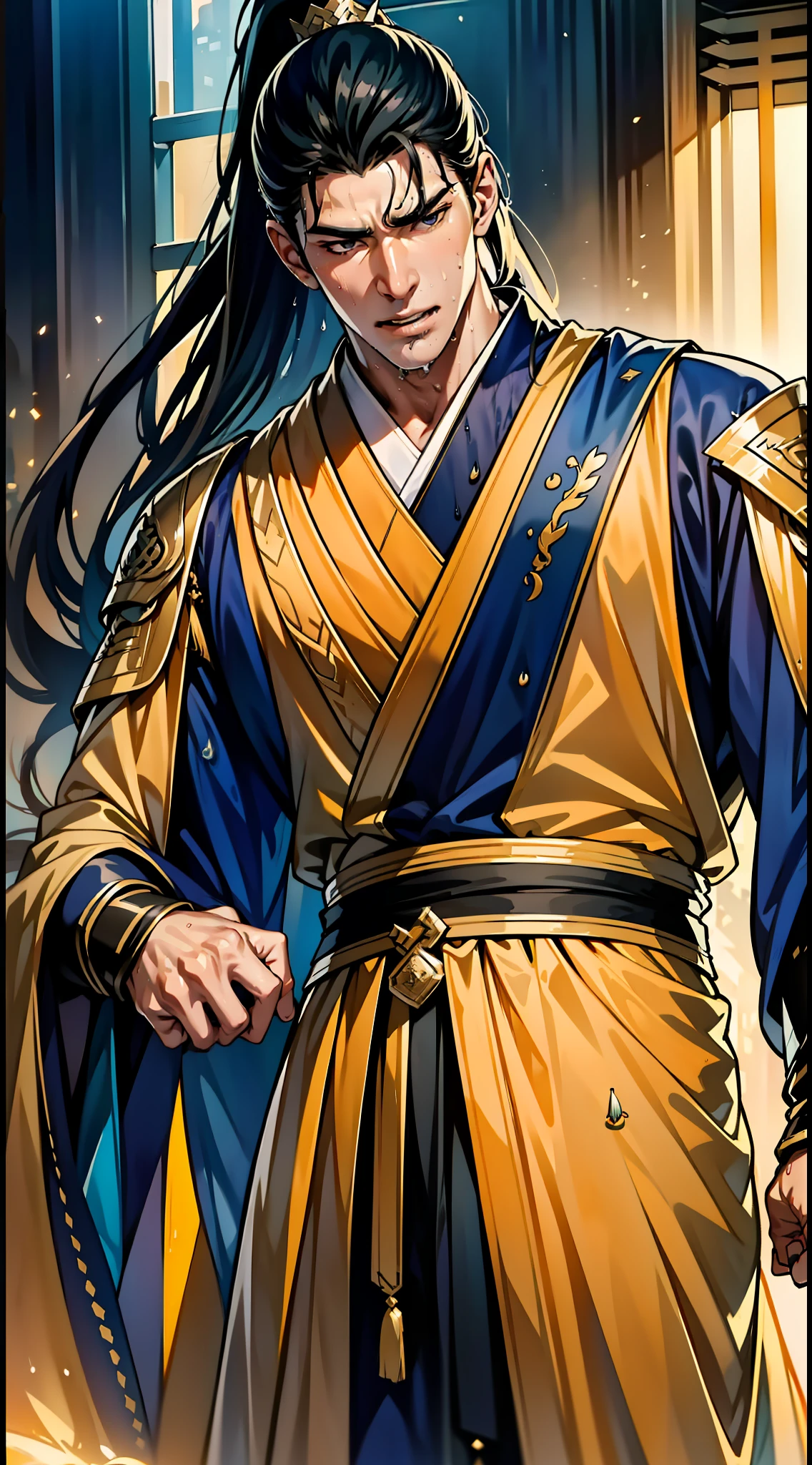 Two-dimensional, anime style, man (male warrior), muscle, correct proportions, face details, martial arts, high ponytail hairstyle, sweating, sweaty face, drooling, neck details, with Adam's apple, wet, wet, Hanfu costume, long robe, embroidered robe, dragon robe, clothing details, collar, long sleeves, game quality, swordsman demeanor, light and shadow tracing, ray tracing, detail glow, CG rendering, hair details, long black hair, golden eyes, sweaty face, handsome, handsome, sweat beads slipping down the neck, (juvenile feeling), complex clothing, wet, wet, perfect composition, refinement, high quality, more details, a lot of details, complex background, atmosphere,