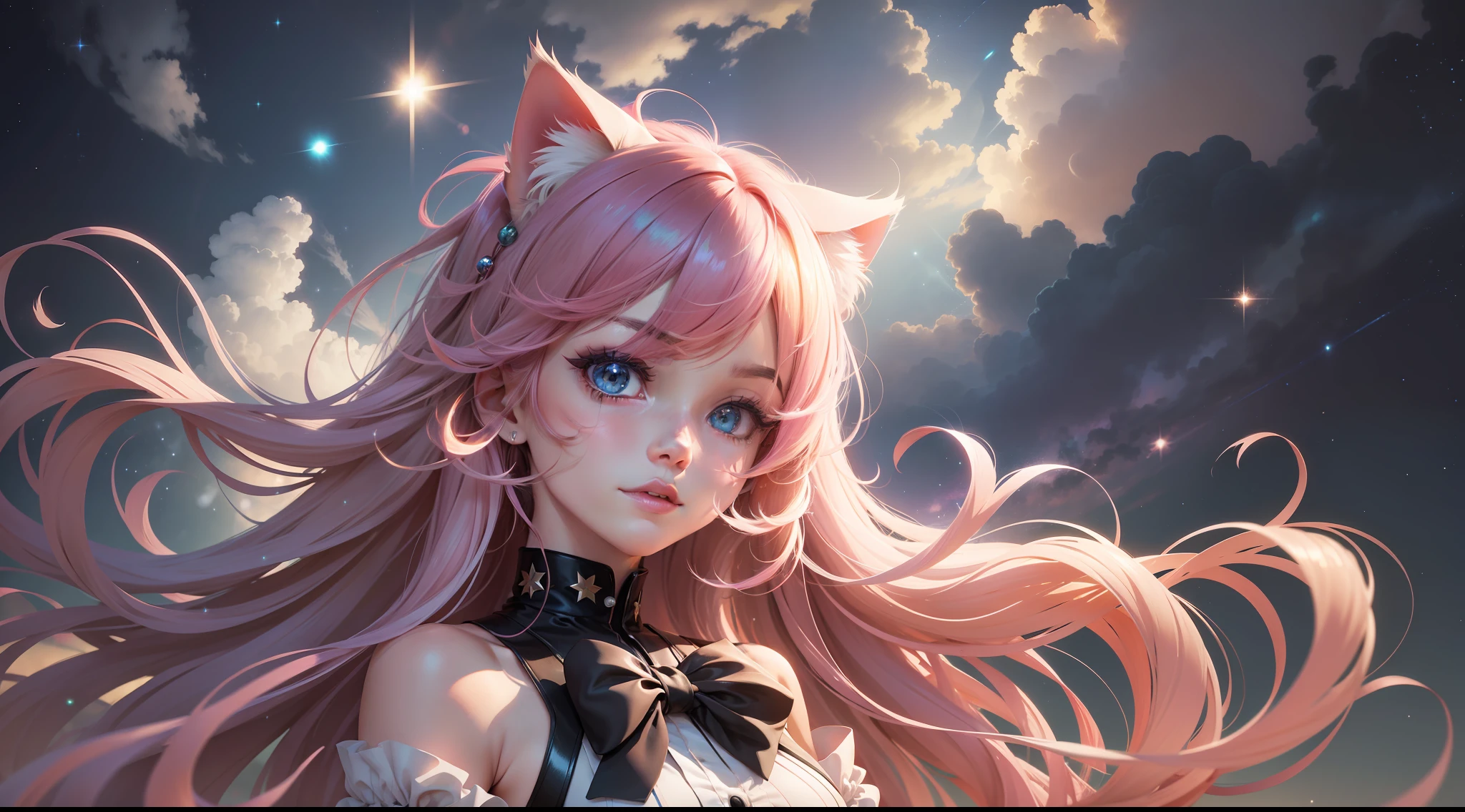 multicolored hair, multicolored hair, floating hair, The wind blows up the hair, The wind blows up the hair, The wind blows up the hair, hair bobbles, hair bobbles, mismatched pupils, aqua eyes, cat ears, frustrated, Standing under the starry sky, Standing under the starry sky, Standing under the starry sky, anime, ray tracing, reflection light, vignetting, sparkle, close-up, Wide-Angle, Wide-Angle, 1080P