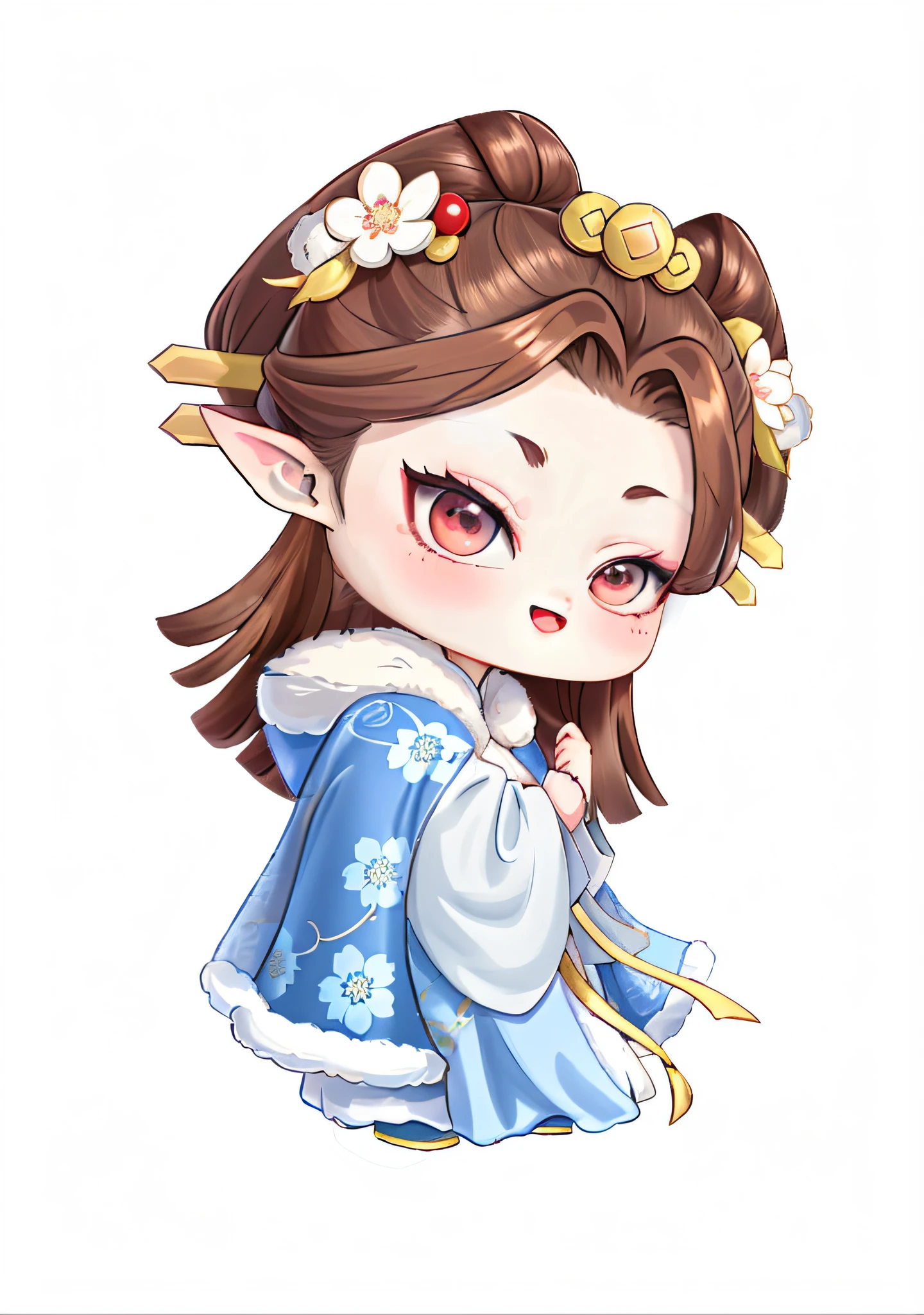 A Chinese girl in Hanfu, winter, ancient Chinese hair bun, a girl wearing a fur robe coat, pattern, brown hair, a girl with plum blossom hair ornaments on her head, chibi, line art, infinite details, fine painting, beautifully depicted, blank background 8k