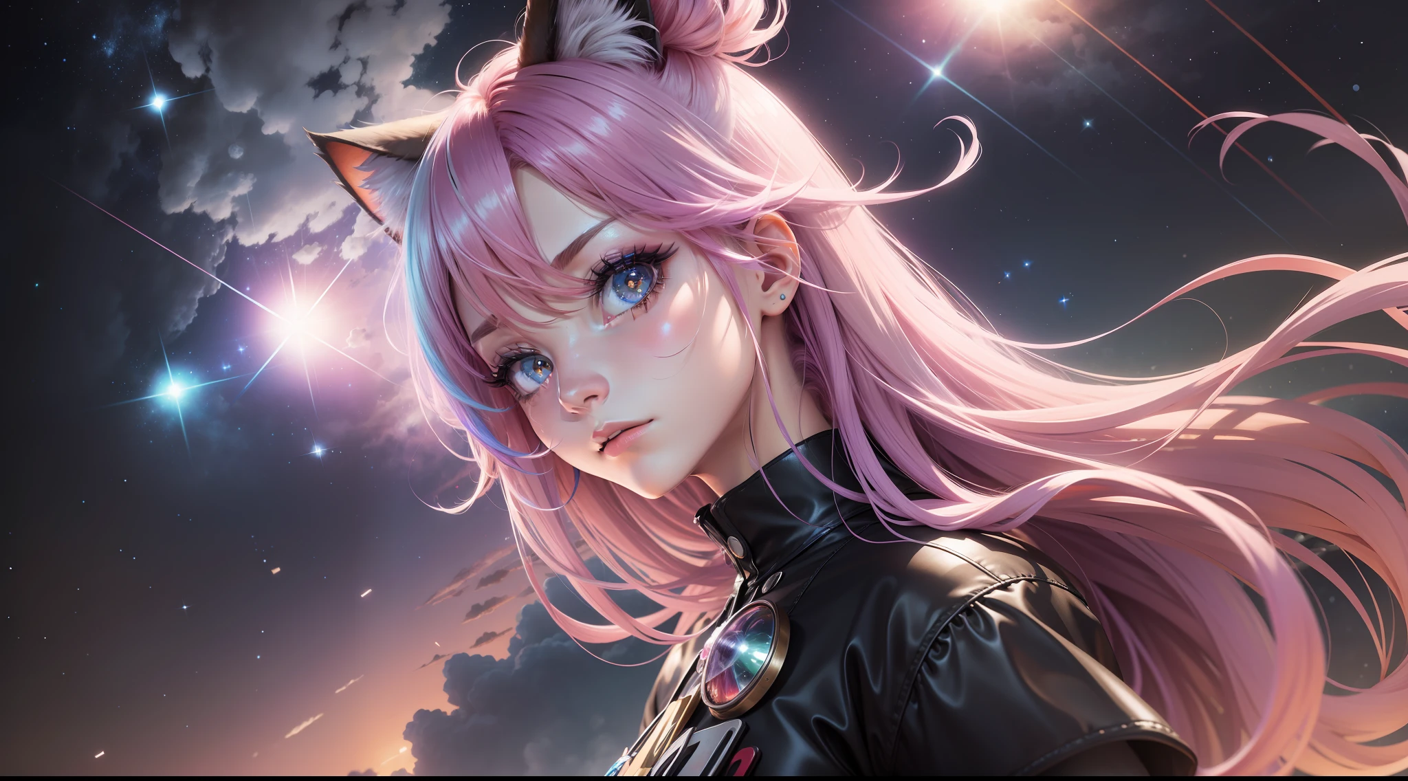 multicolored hair, multicolored hair, floating hair, The wind blows up the hair, The wind blows up the hair, The wind blows up the hair, hair bobbles, hair bobbles, mismatched pupils, aqua eyes, cat ears, frustrated, Standing under the starry sky, Standing under the starry sky, Standing under the starry sky, anime, ray tracing, reflection light, vignetting, sparkle, close-up, Wide-Angle, Wide-Angle, 1080P