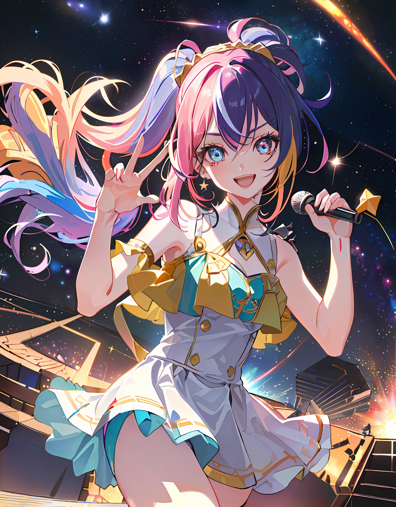 Anime CG, Hi-Res, Absurdity, 8k, Masterpiece, ((((Detailed Eyes and Detailed Face: 1.2), Dynamic Angle, (((Detailed Eyes and Detailed Face: 1.2)))))), (((Perfect Human Hand, Super Detailed Human Five Fingers)))), ((Perfect Human Foot)), Upper Body, 1 or 2 Girls, Smile, Wolf Ears, Wolf Tail, Pink Eyes, Hairs Between Eyes, ((((Wink)))), D cup, cleavage, striped hair, (((((Colorful hair color: 1))))), (((Random hair color: 1)))), Variegated hairstyle: 1, twin tails, ultra-detailed gradient hair, ((T-shirt with kagenari letters)))), professional designer, fashion leader, ruffled dress, love live, jewelry, best stage, climax, professional stage, ( (Perfect singer holding the microphone with left hand and singing emotionally, perfect singer, screaming, overflowing emotions, best smile))), singer, vocalist: 1, idol, diva, ((galaxy, space, earth, planet, battle, explosion, ivory gold ai space spaceship))), professional stage, professional lighting, live lighting, gaze averting, fan service: 1, ((background, Sing on the stage of the AI spaceship: 1.2))), (((Sing on the stage of the AI spaceship: 1.2)))) space, earth, planet, battle, war, explosion, explosion, ivory gold AI space spaceship, stars, ((Panchira, cute panties))))
