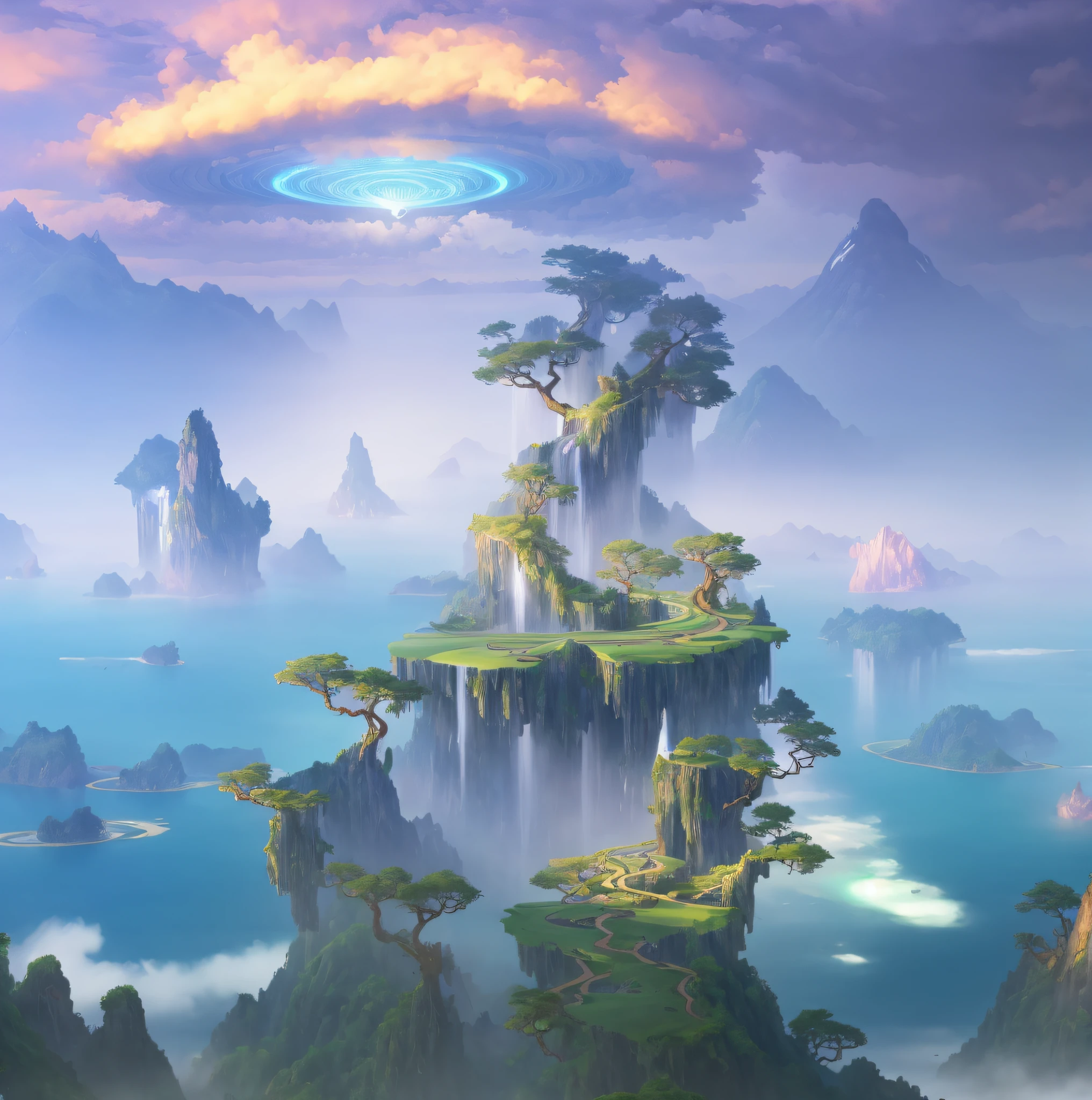 green giant trees, islands, ocean, sky vortex, chinese wind, mountains, suspended islets, masterpiece, best quality, high quality, extremely detailed CG unity 8k wallpaper, HDR, landscape, waterfall, cliff, nature, chinese architecture, lake, river, cloudy sky, award winning photography, depth of field, HDR, bloom, chromatic aberration, trends on artstation, trends on CGsociety, intricate, a mysterious and epic landscape to floating islands, Featuring the fantasy and surreal world of giant trees and mythical creatures, it transports the viewer to a world full of imagination and wonder, artstation, digital art, intricate, pop, bright colors midjourney art, 32k --v 6