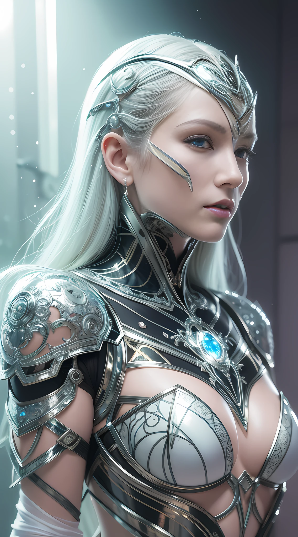 Organic cyborg, white plastic, diffuse lighting, luminous ornaments, light reflection, fantasy, intricate, elegant, highly detailed, realistic, realistic, digital painting, art station, illustration, concept art, smooth, sharp focus, art by John Collier and Albert Obright and Krenz Kusart and Artem Demura