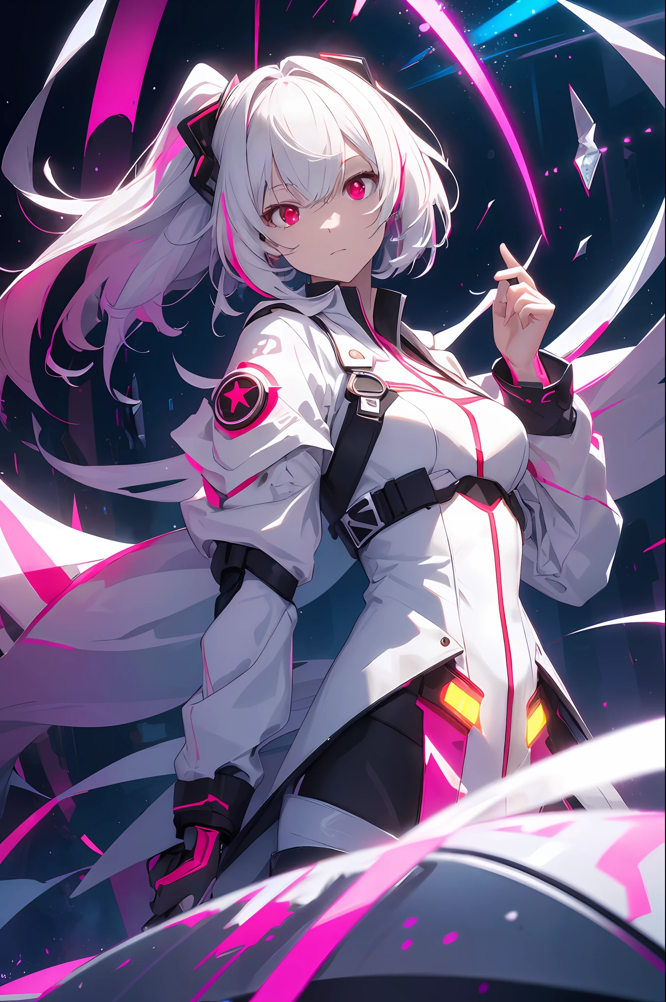 (White Costume) (1 Girl, Solo, Brunette Hair, Sharp Face, Low Double Tail, Red Eyes, Hair Between Eyes, Dynamic Angle, Magic Circle), Blood Splash, Rotating Black Light Around the Character, Depth of Field, Black Light Particles, (Broken Glass),, 30 Years Old, Beautiful Girl, Ultra Detailed, Official Art, Unity 8k Wallpaper, BREAK, Neon Lighting, (Vibrant Glow): 1.2, Dynamic Color, Striking Contrast, Futuristic Atmosphere, Light and Shadow, Reflective Surface